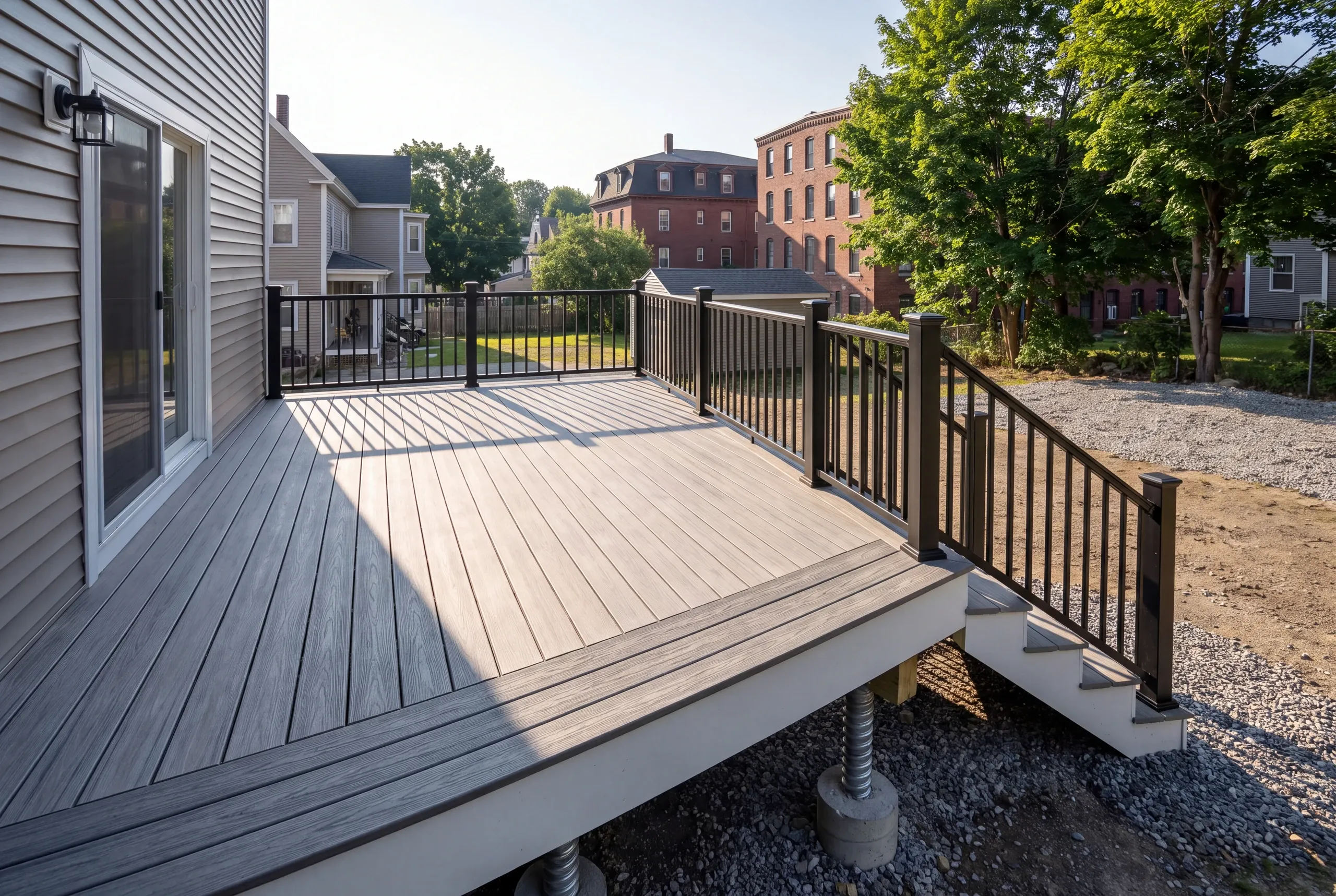 Finished deck and railing at a Lewiston home seen from the back door