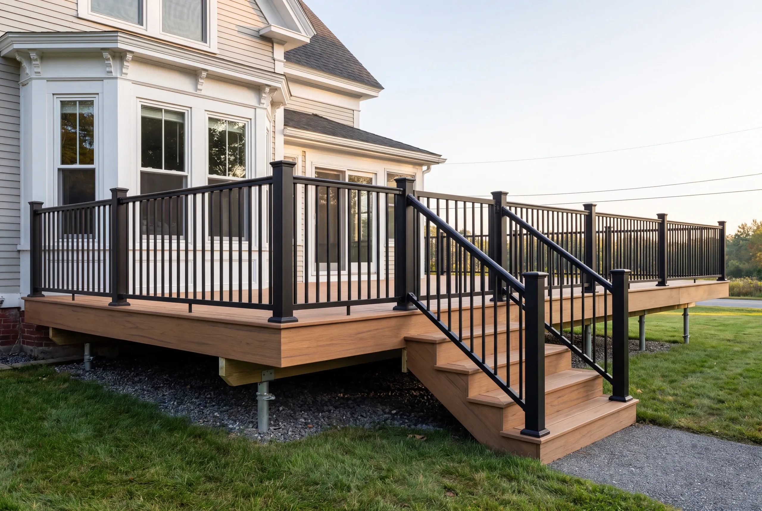 Finished deck and railing on a Lewiston, Maine home, wide view