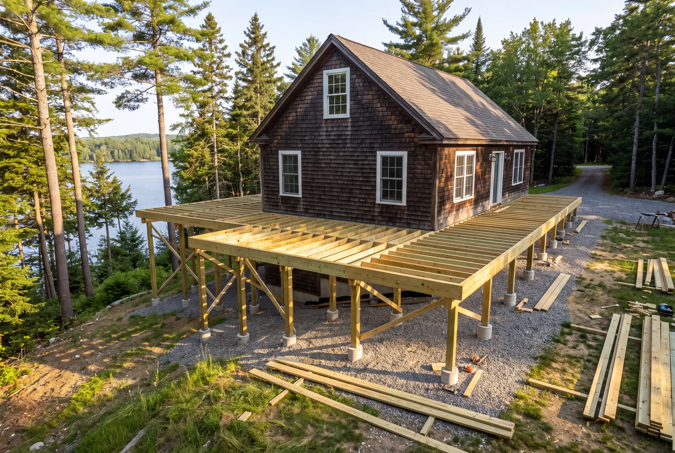 Deck builder Mt. Vernon, ME crew framing a hillside deck above Minnehonk Lake