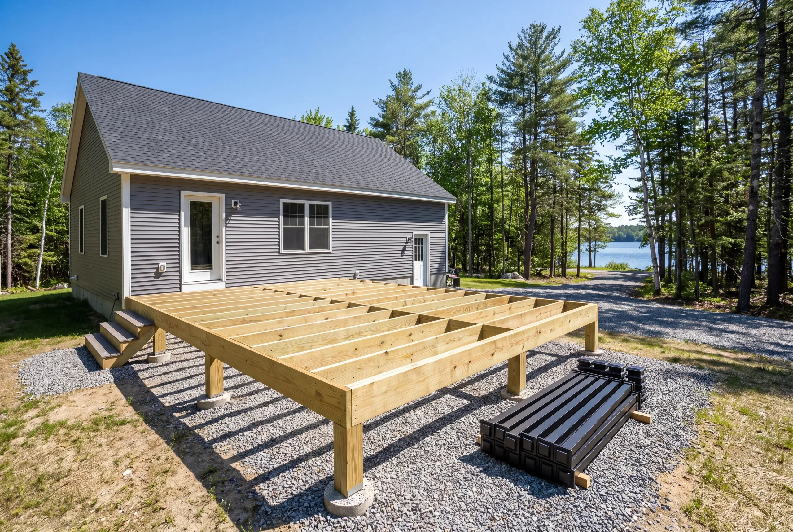 Aluminum railing on a raised deck facing Flying Pond in Mt Vernon