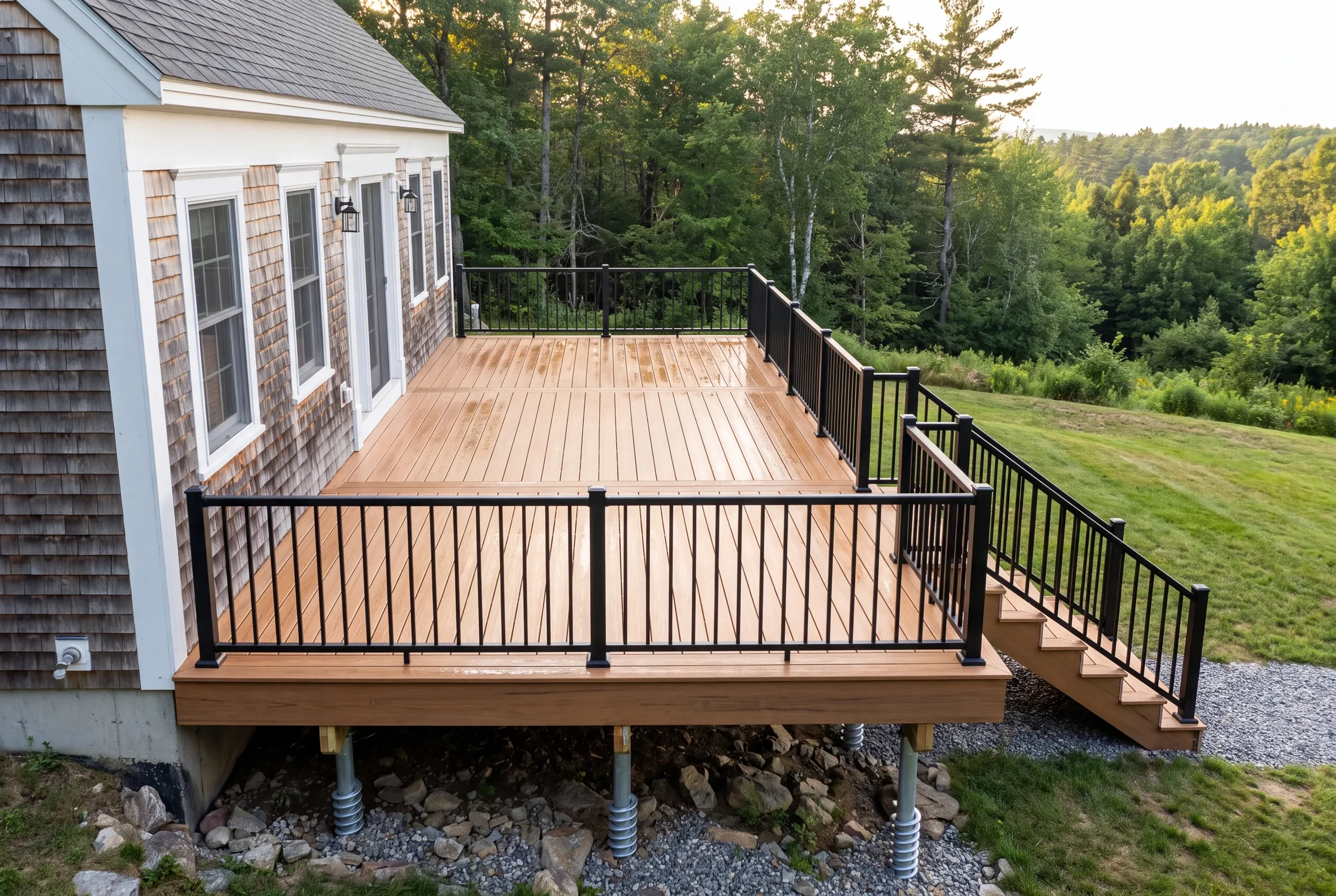 Finished PVC deck on a wooded hillside in Mt Vernon, Maine