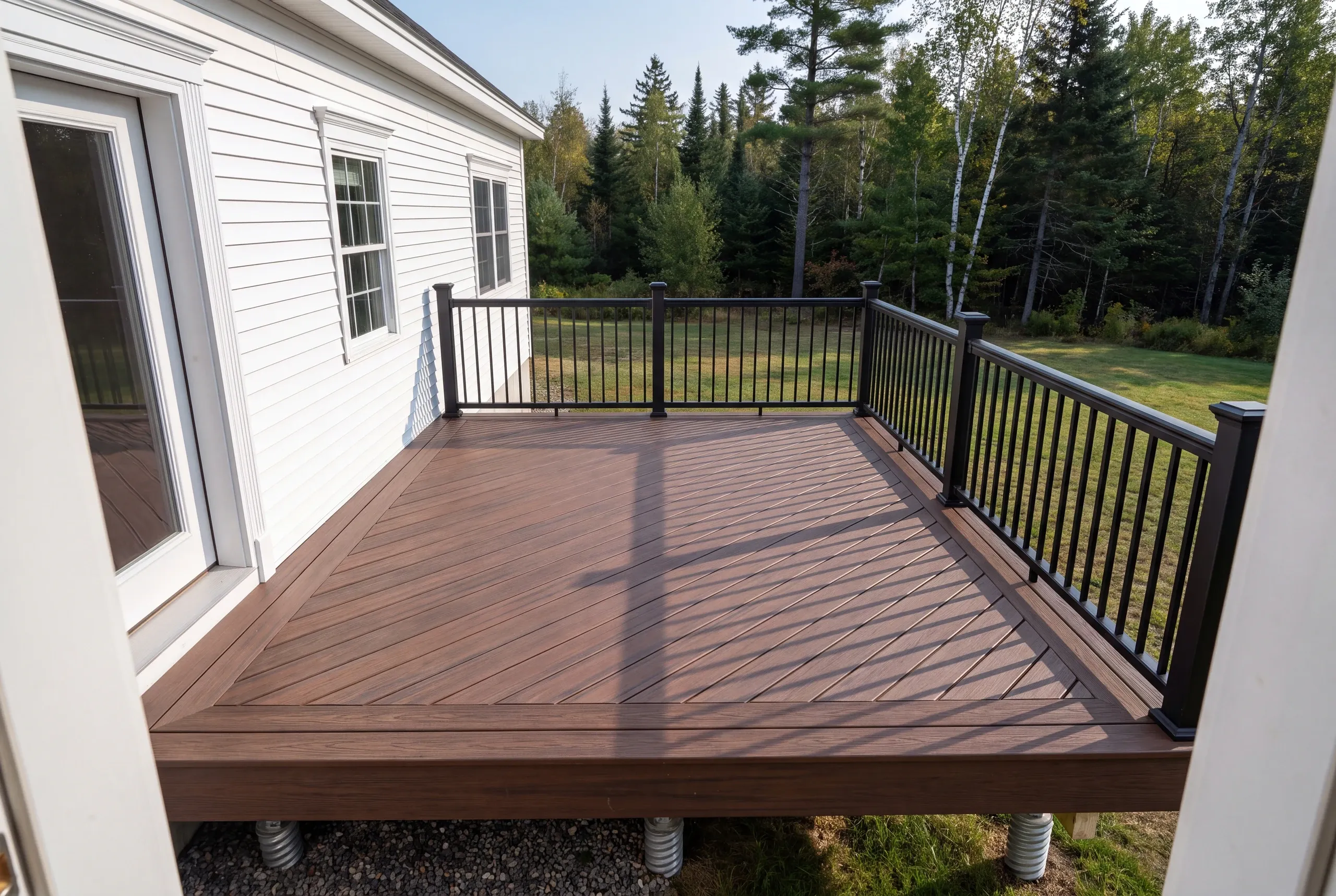 Finished deck and railing at a Mt Vernon home seen from the back door