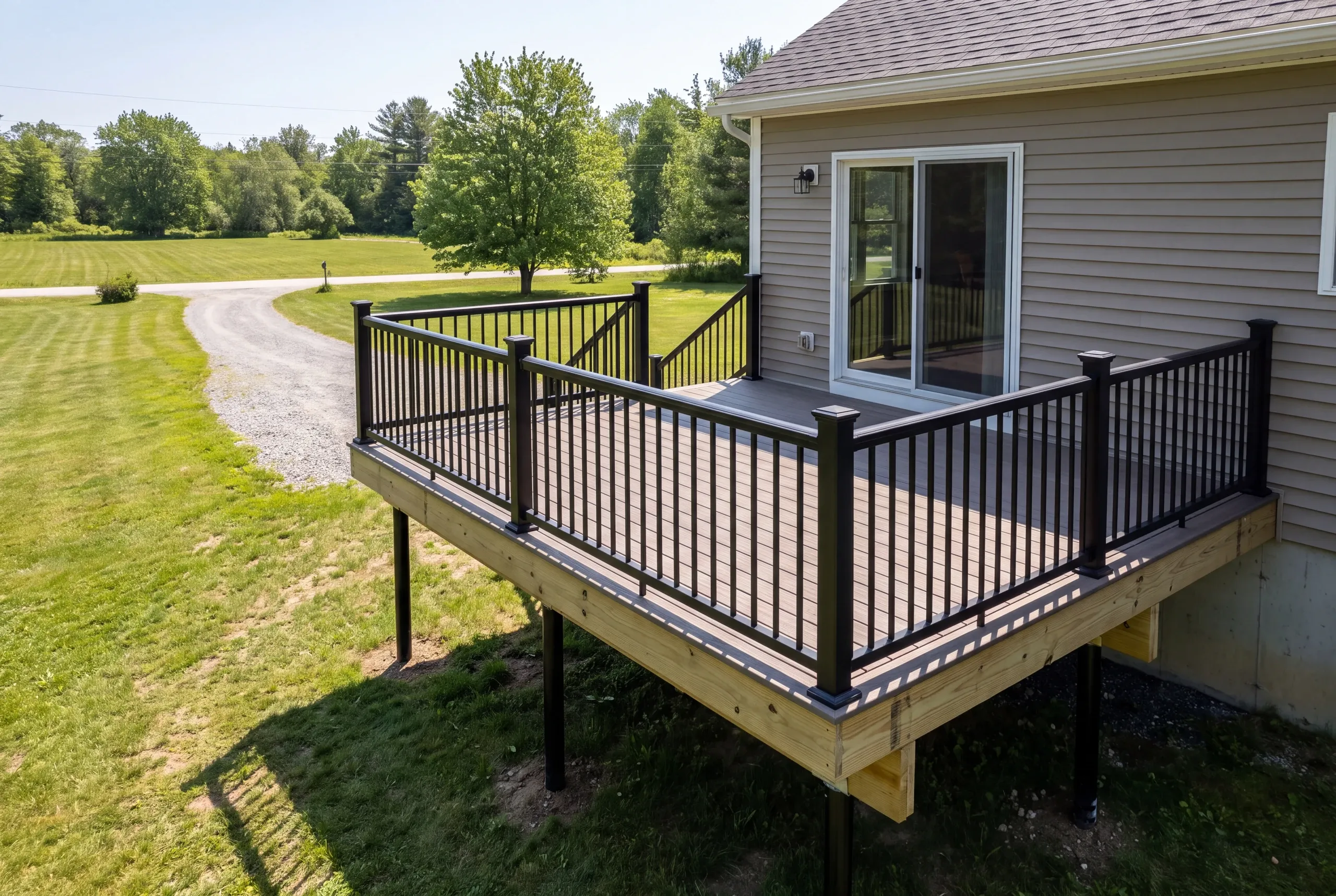 Finished deck and railing on a Mt Vernon, Maine home, wide view