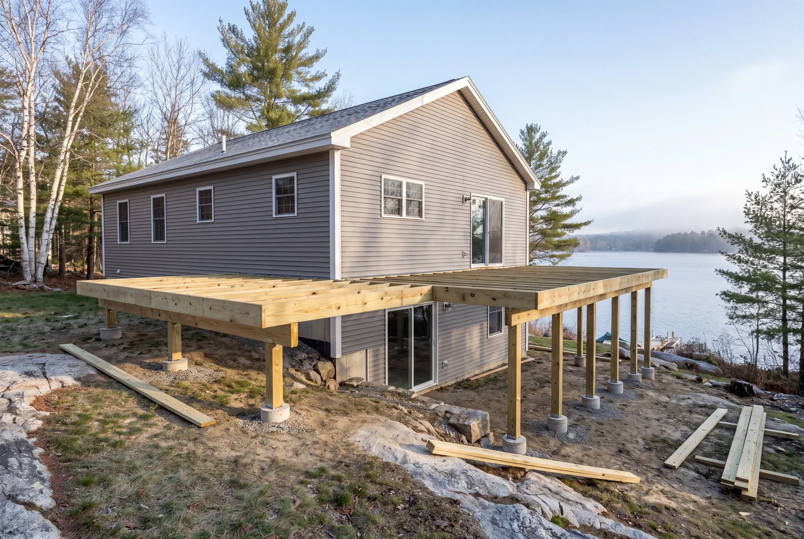Deck builder Oakland, ME crew framing a lakeside deck above Messalonskee Lake