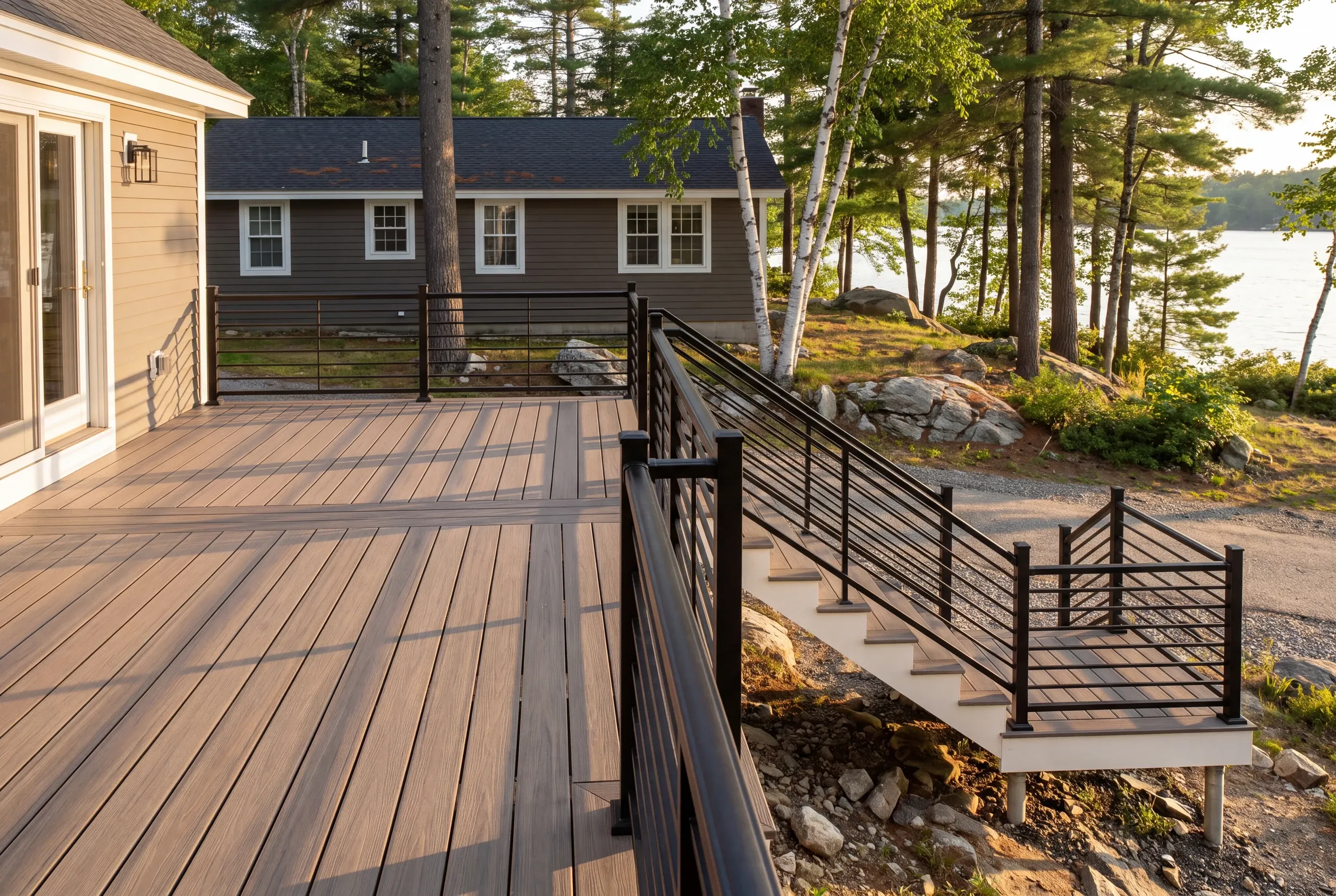 Builder assessing access down a narrow camp road in Oakland, Maine