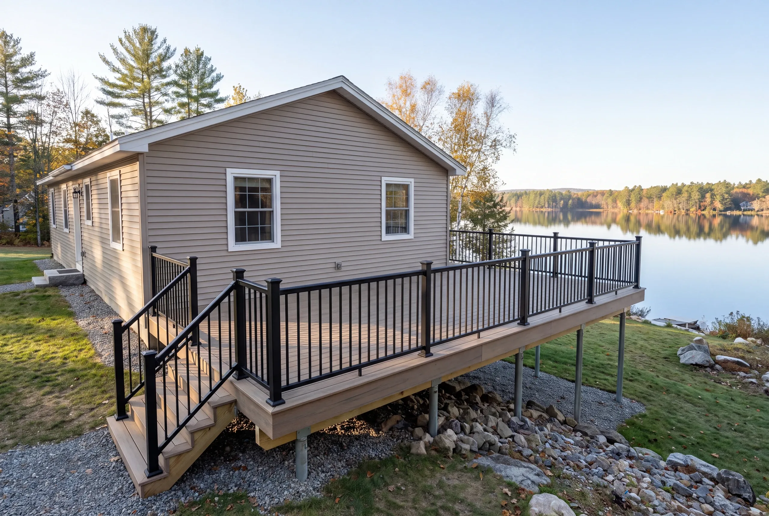 Composite deck with wrapped rim at a year-round Oakland lake home