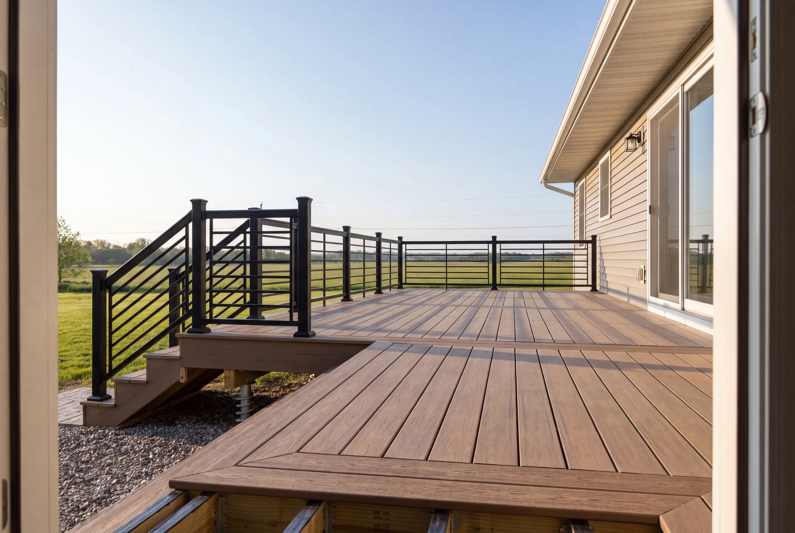 Finished deck and railing at an Oakland home seen from the back door