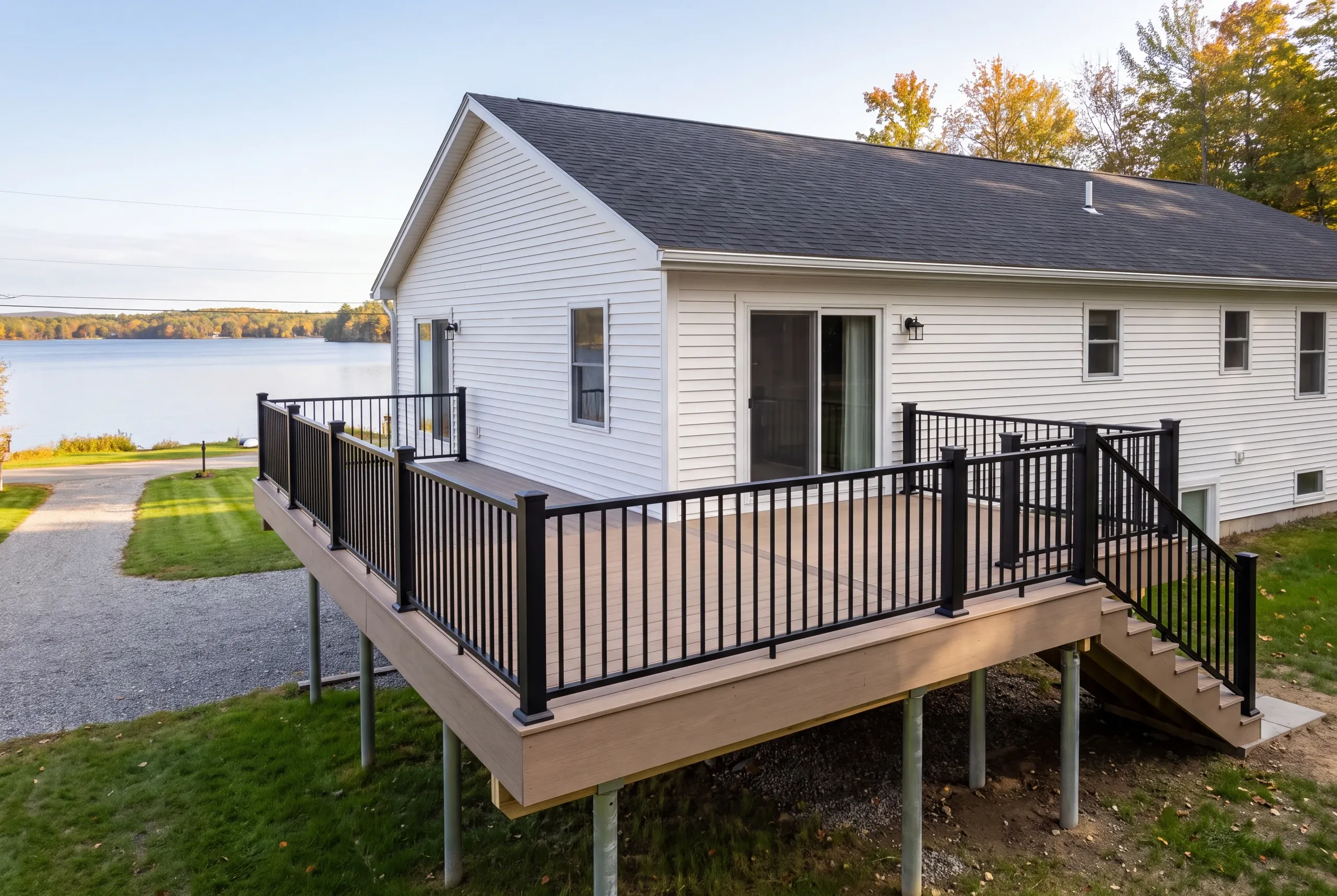 Finished deck and railing on an Oakland, Maine home, wide view