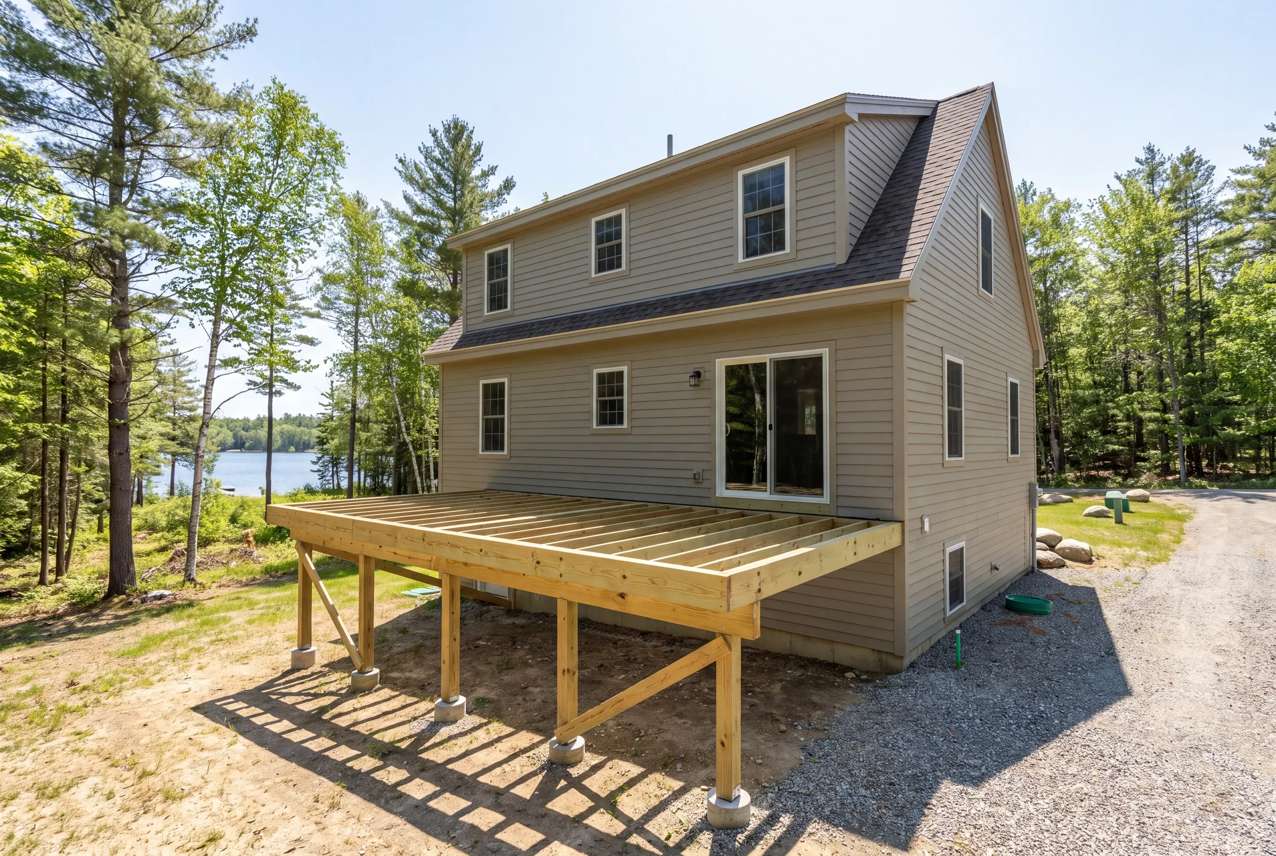 Deck builder Palermo, ME crew framing a deck on a homestead above Sheepscot Pond