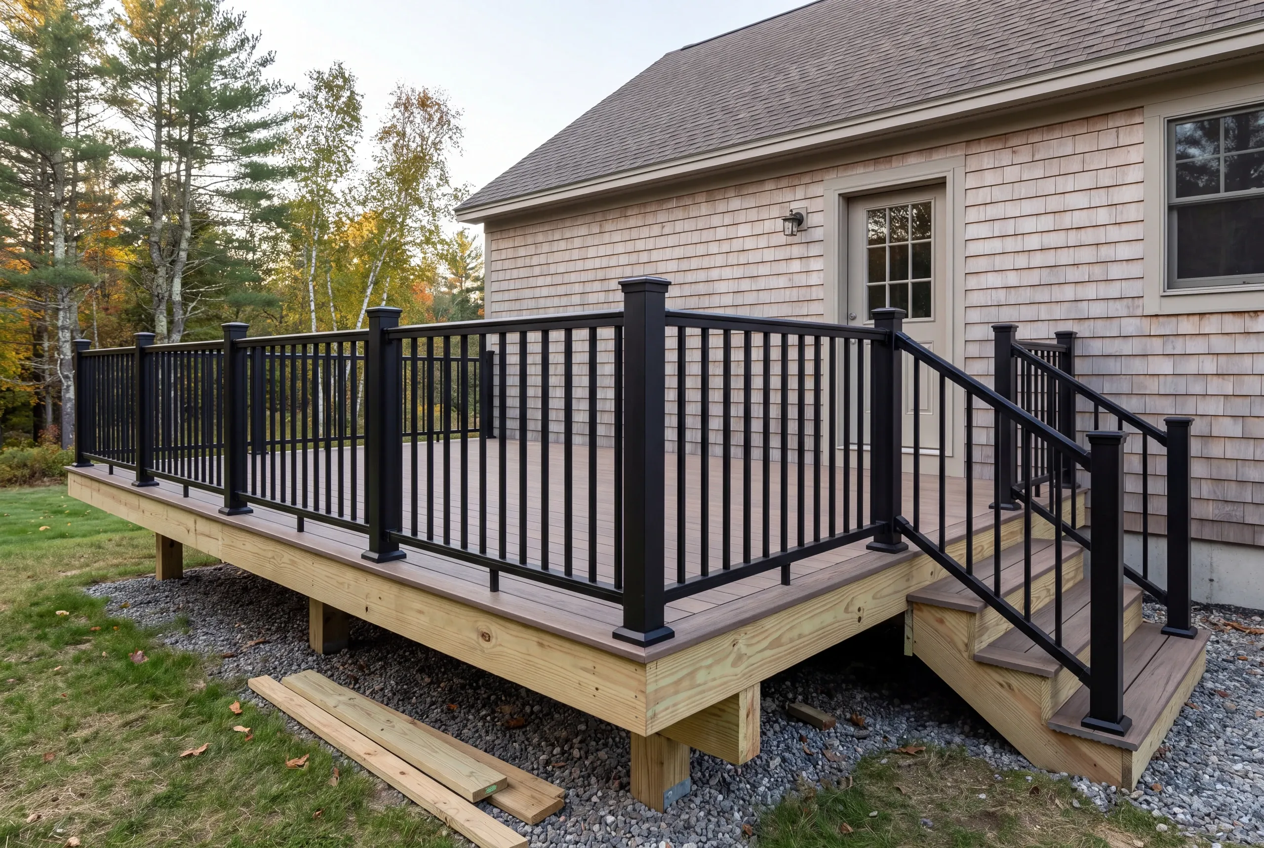 Aluminum railing on a deck facing open acreage in Palermo, Maine