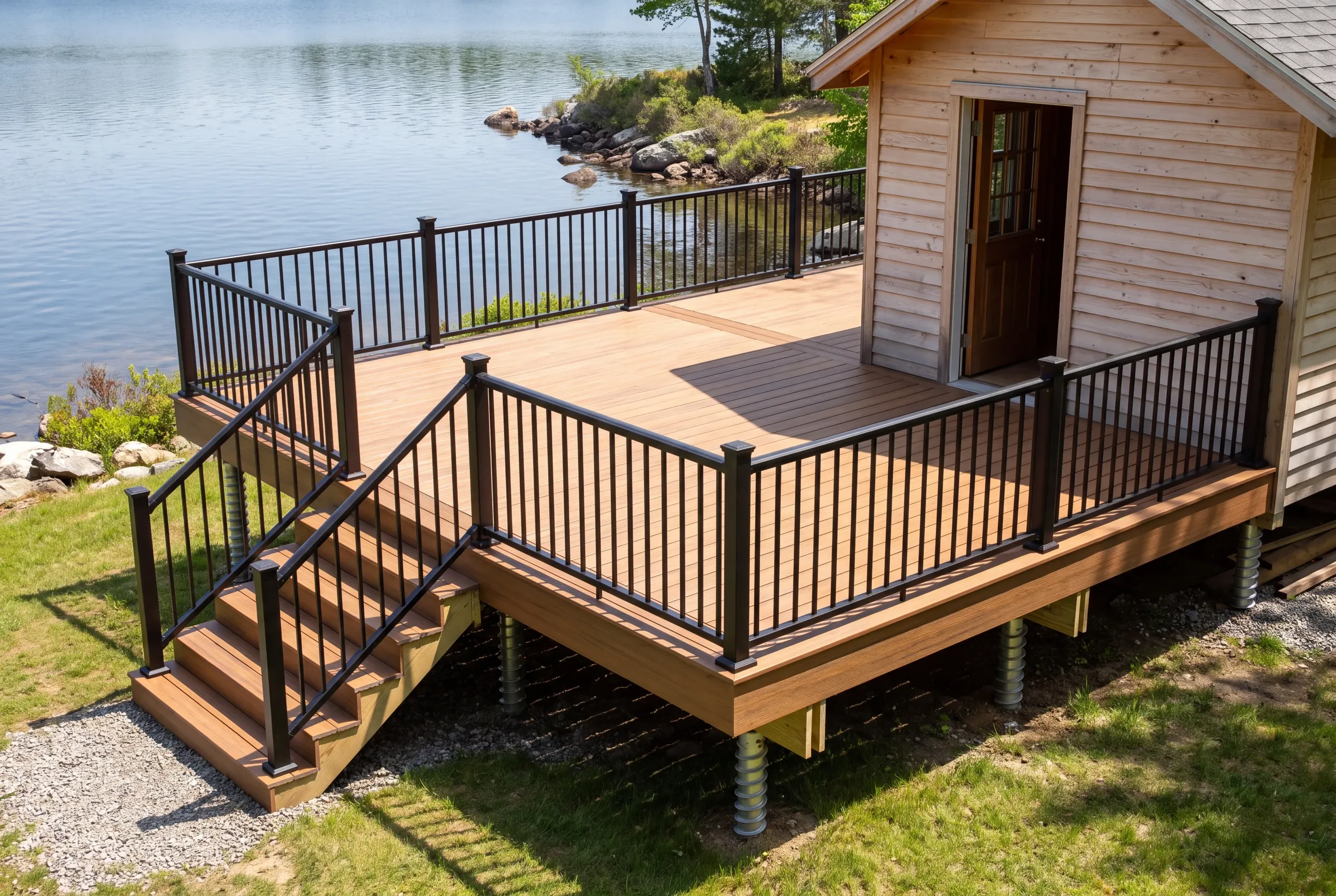 Composite deck with wrapped rim at a camp on Sheepscot Pond in Palermo