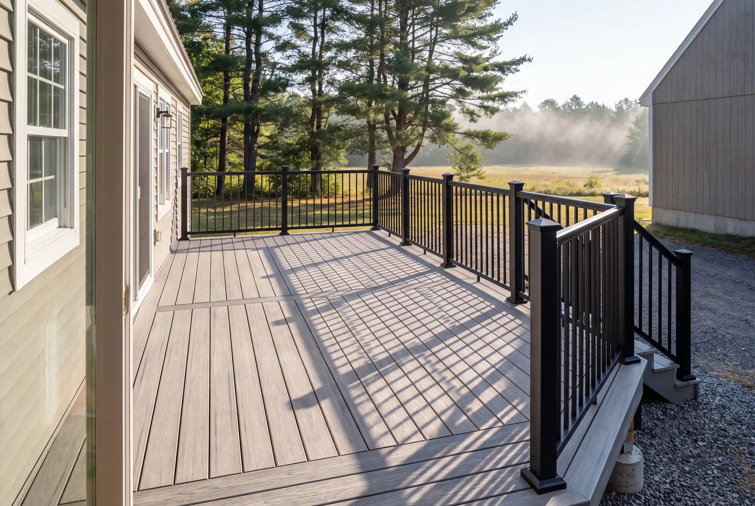 Finished deck and railing at a Palermo home seen from the back door