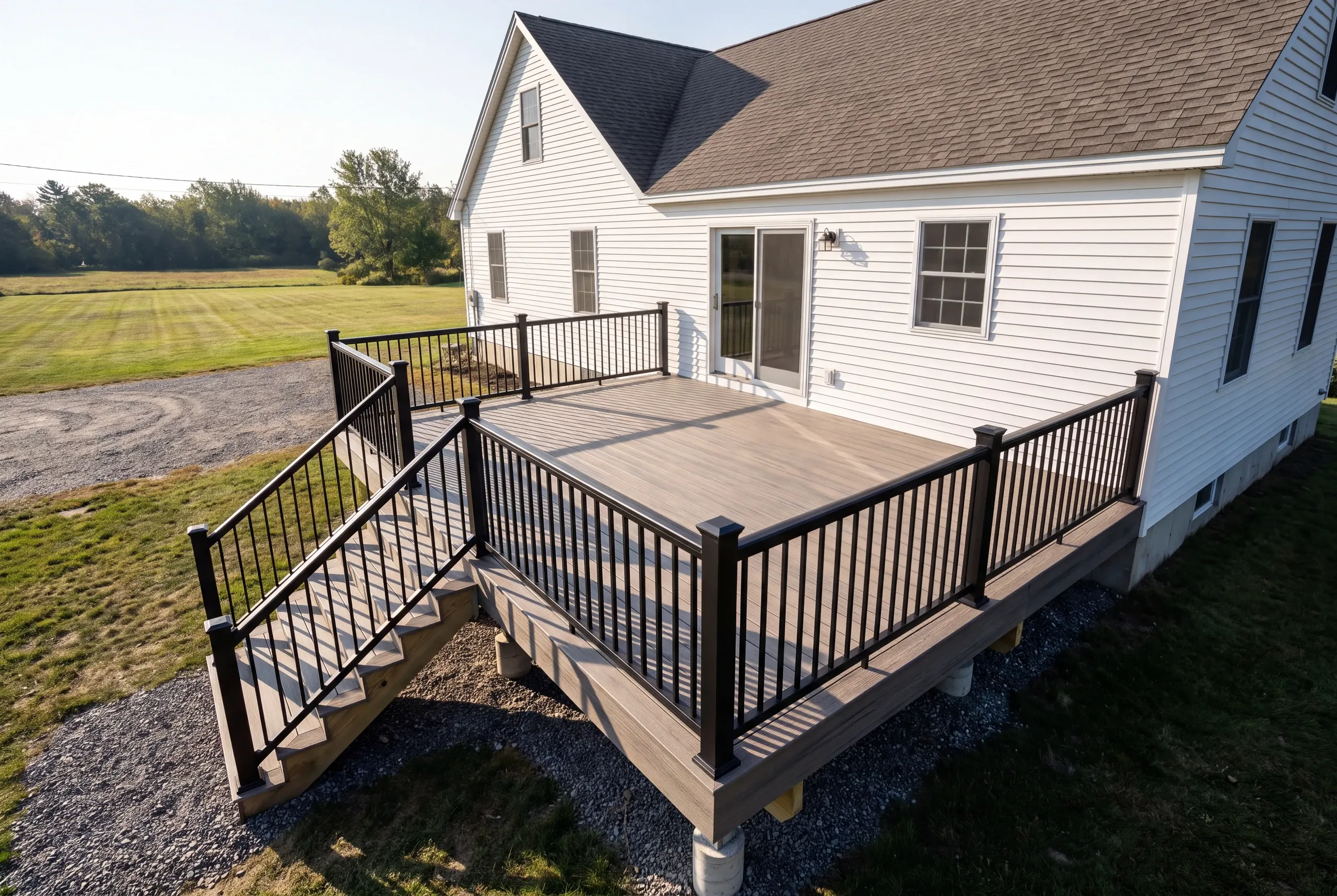 Finished deck and railing on a Palermo, Maine home, wide view