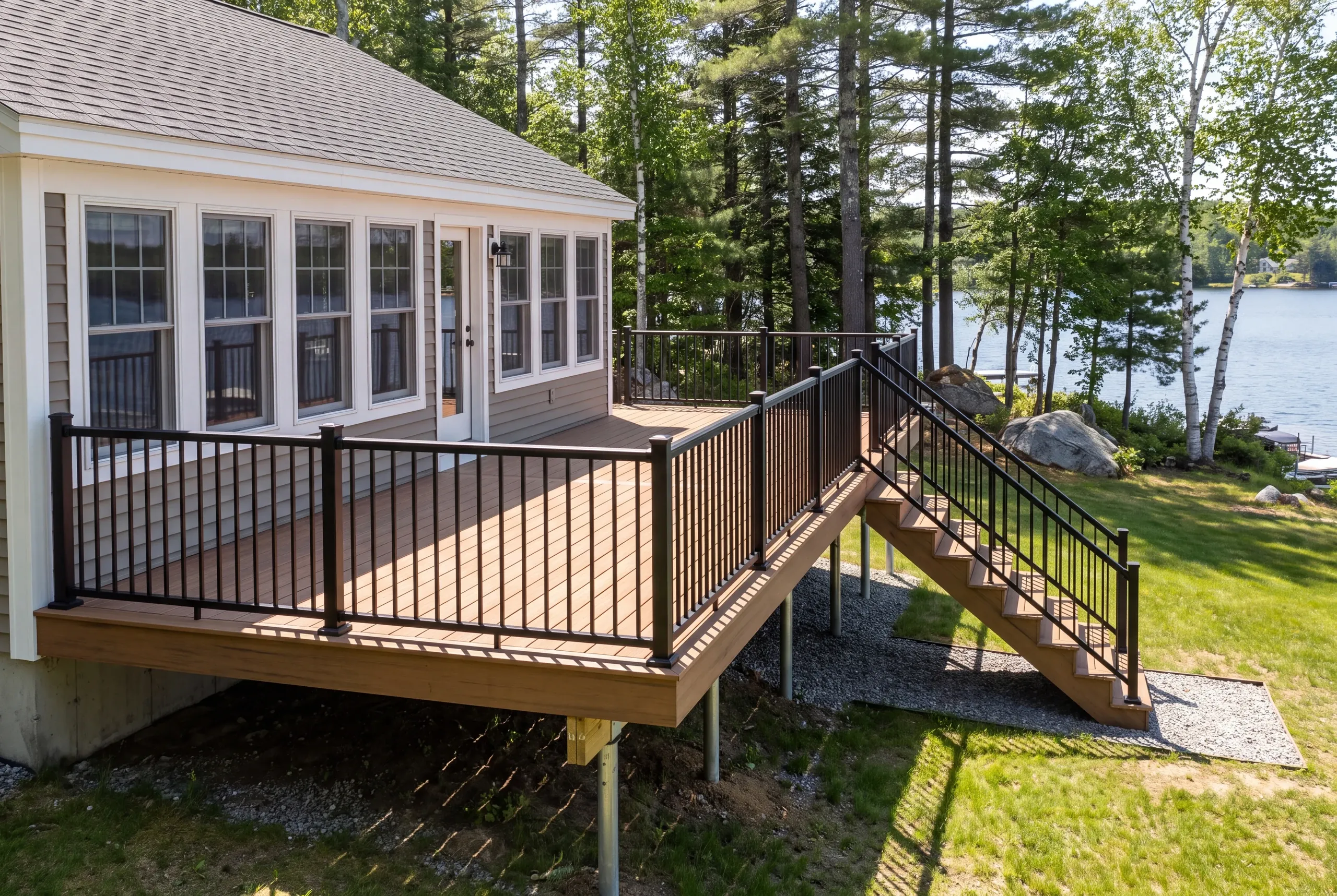 Deck builder Sidney, ME crew setting a helical pile behind a home above Messalonskee Lake