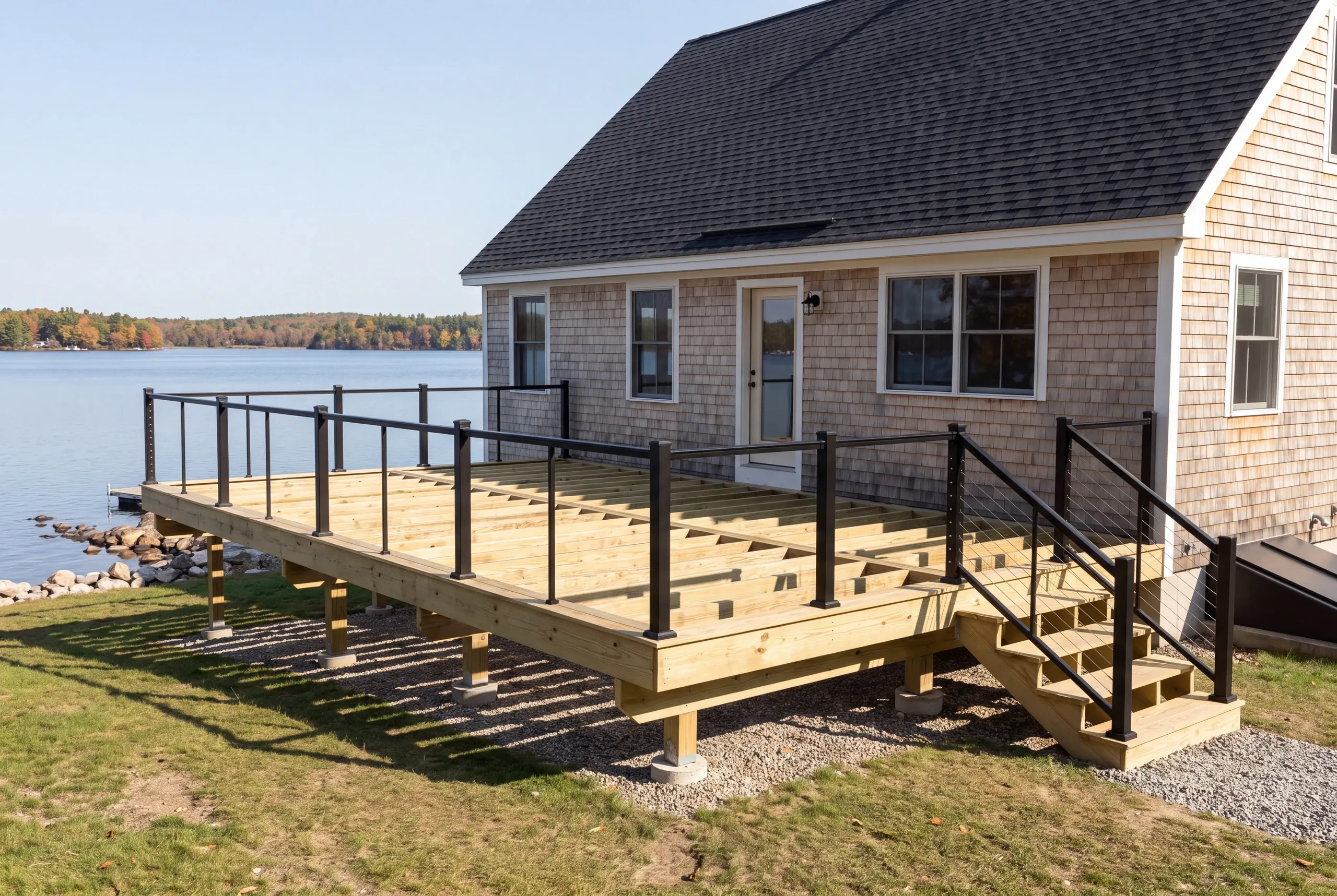 Westbury cable railing on a Sidney lakeside deck facing open water