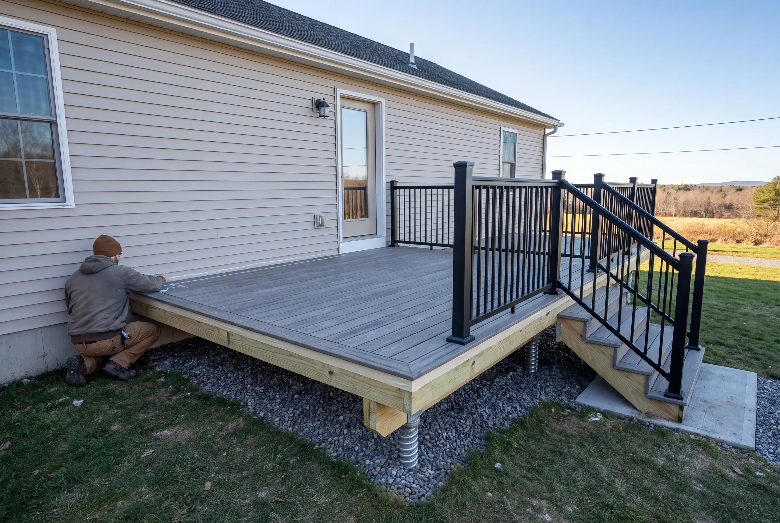 Builder chalking a deck footprint on the back wall of a Sidney ranch