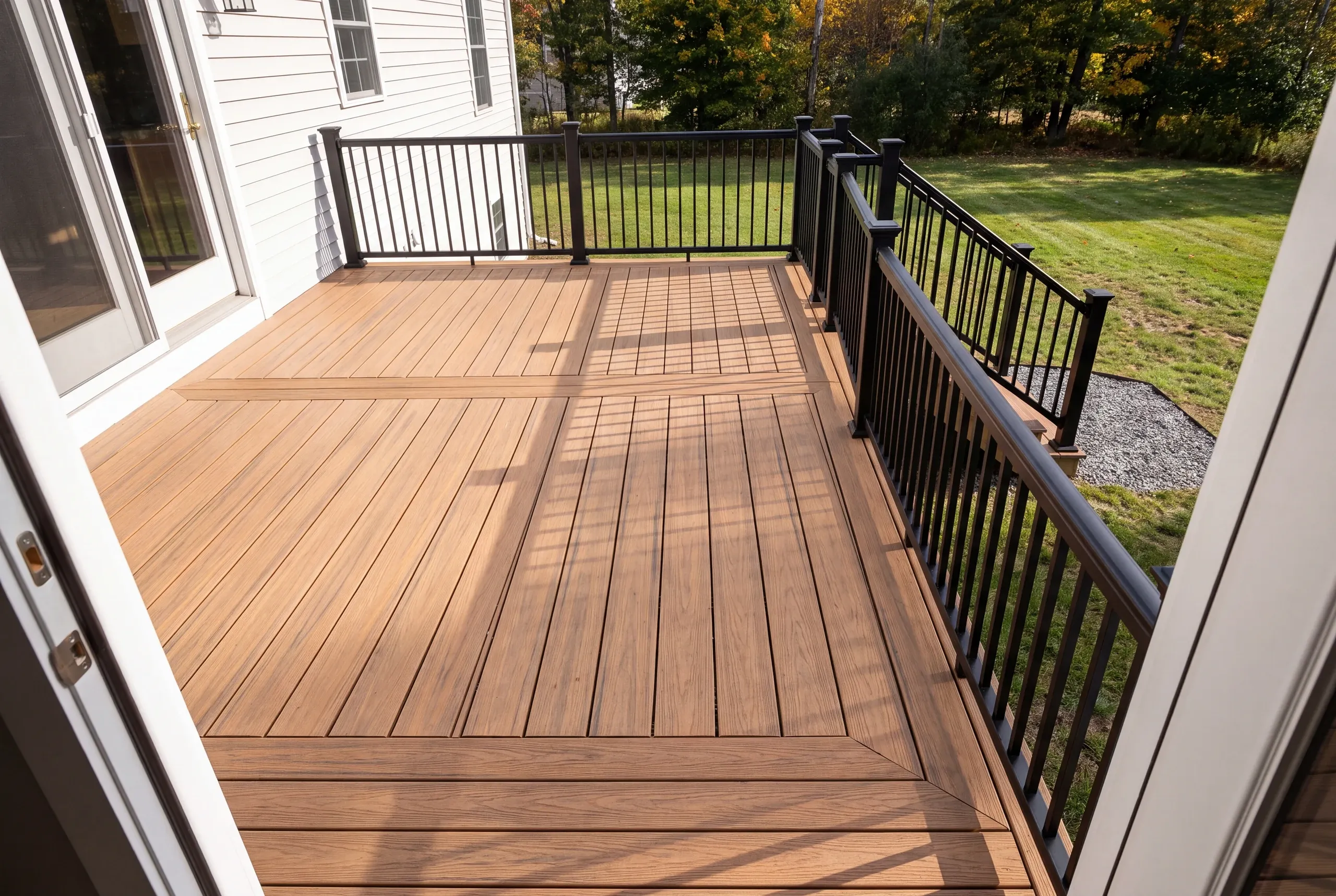 Finished deck and railing at a Sidney home seen from the back door