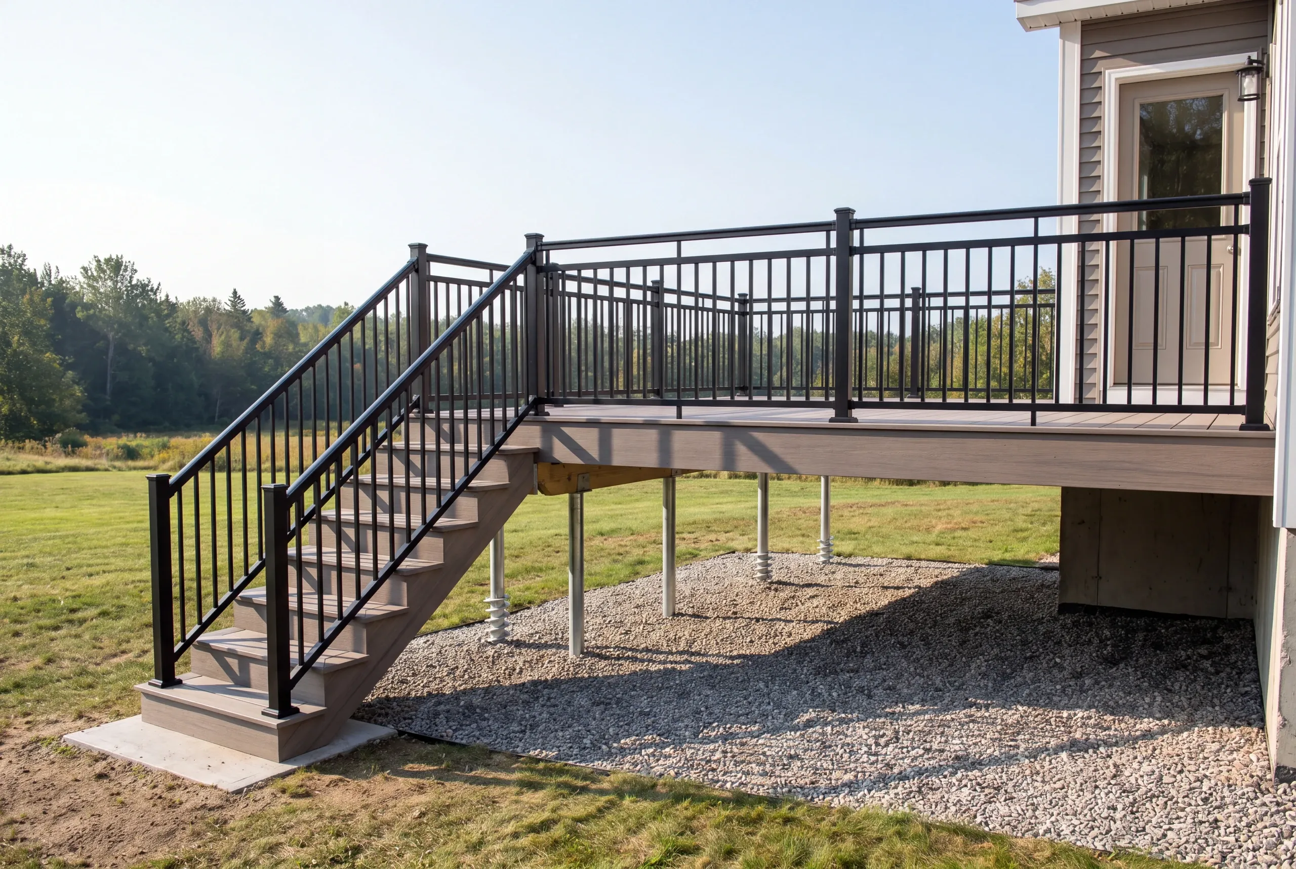 Finished deck and railing on a Sidney, Maine home, wide view