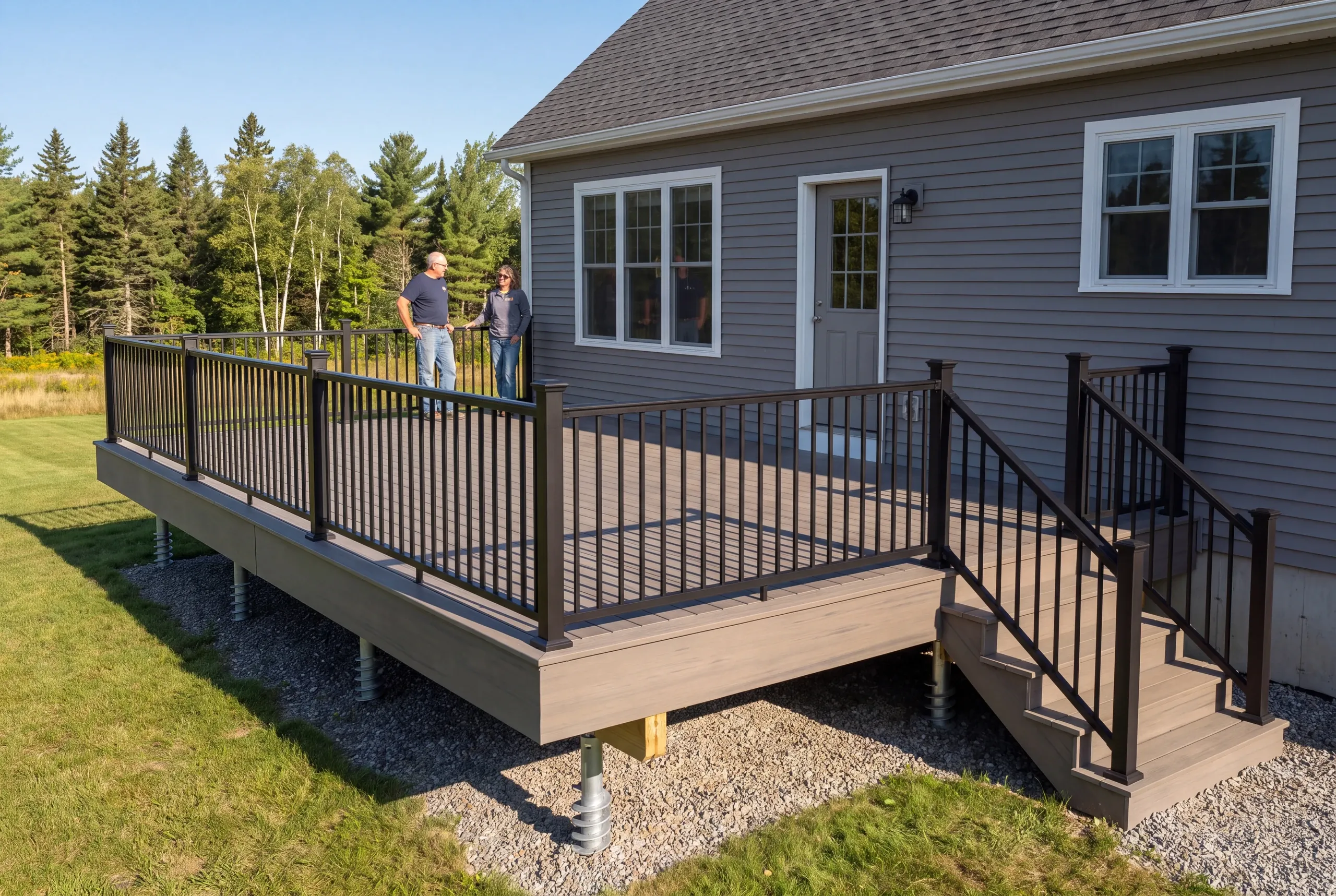 Estimator walking a back yard with a homeowner in Vassalboro