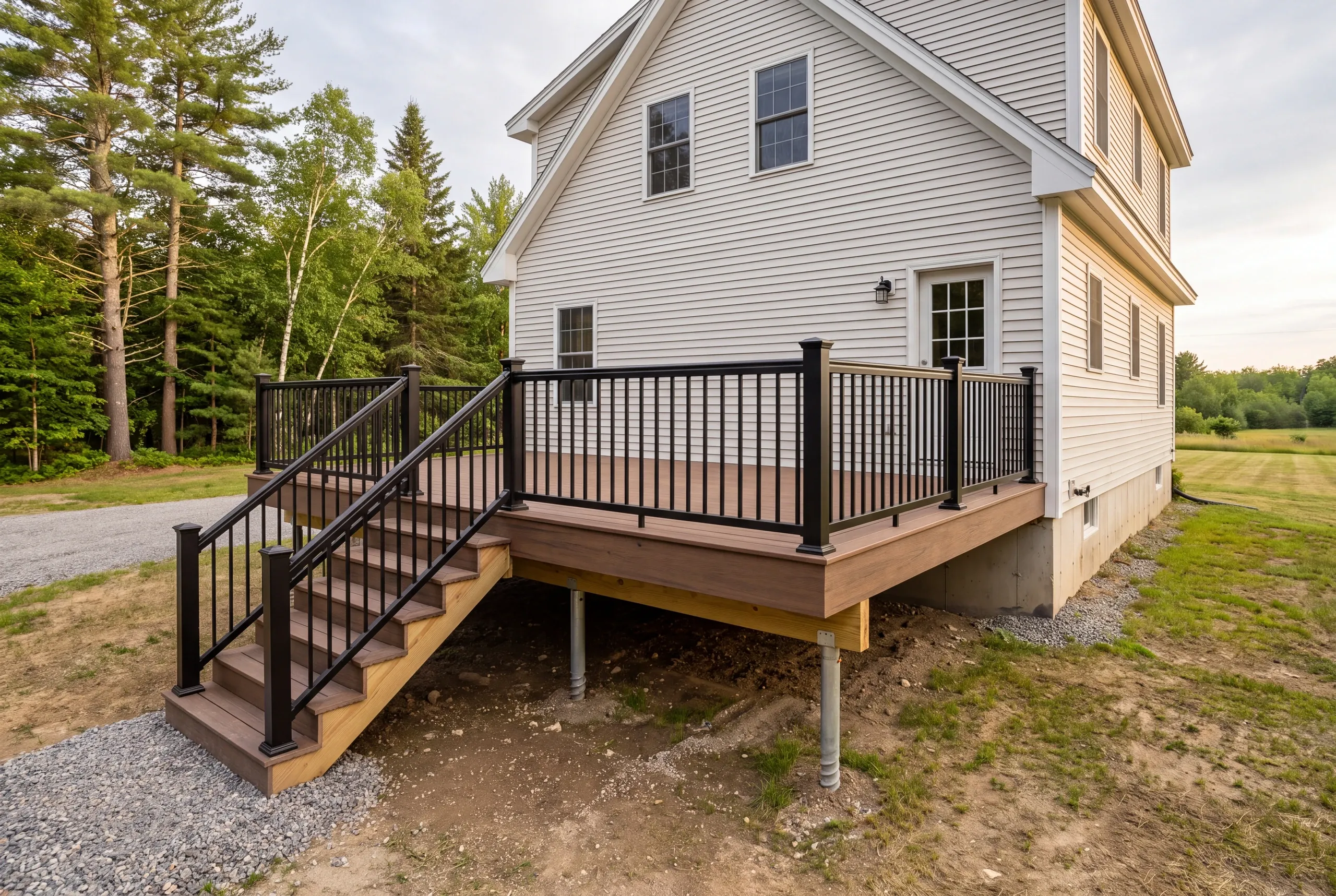 Composite deck with wide stairs on a rural Vassalboro, Maine lot