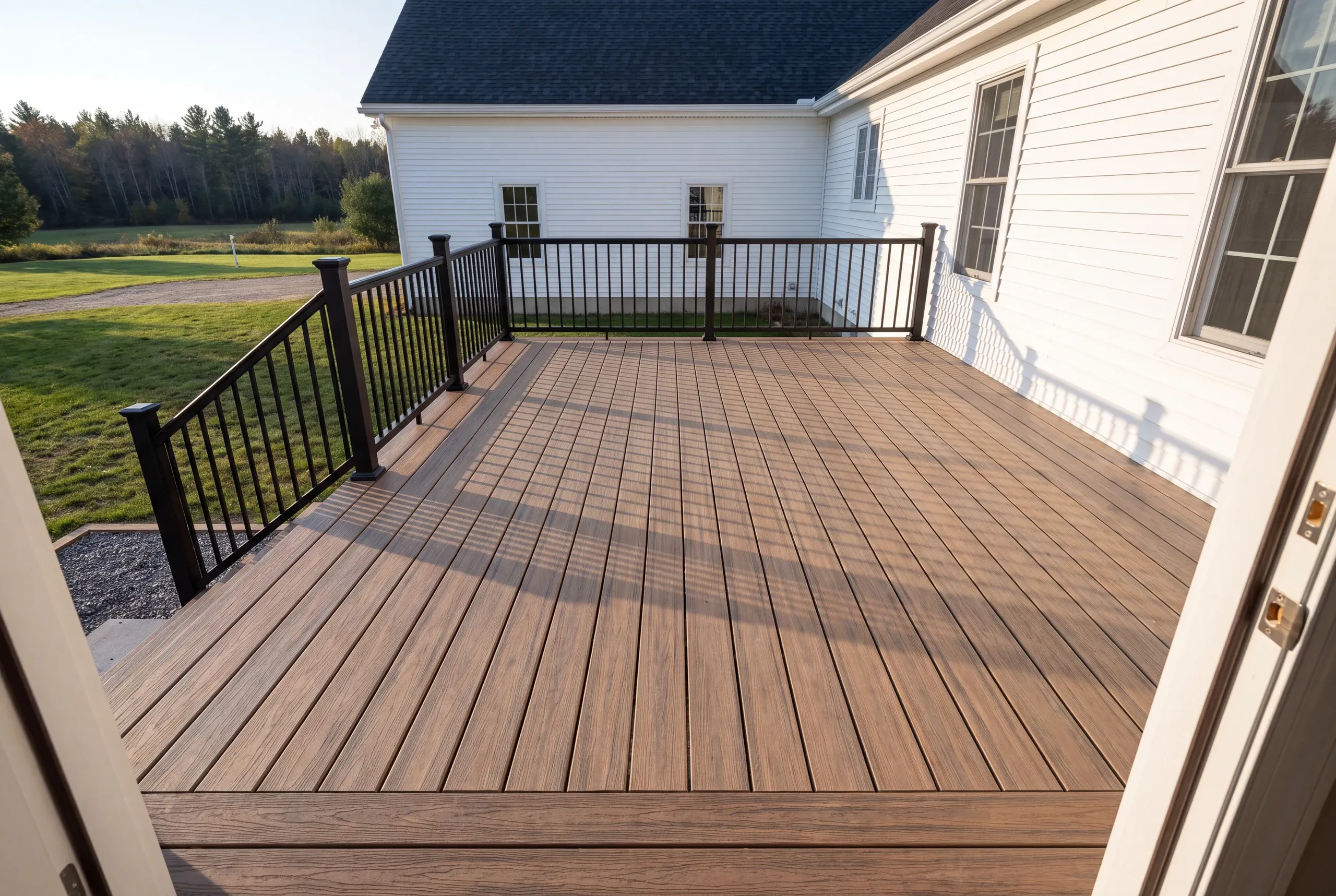 Finished deck and railing at a Vassalboro home seen from the back door