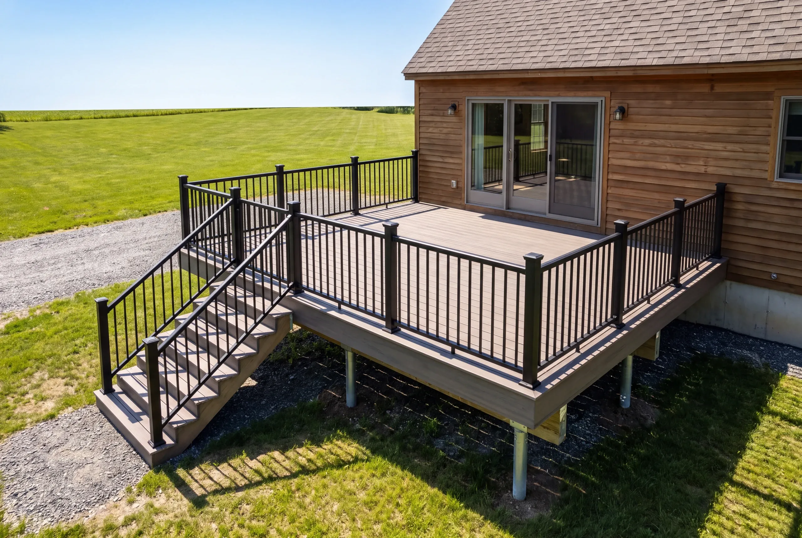 Finished deck and railing on a Vassalboro, Maine home, wide view