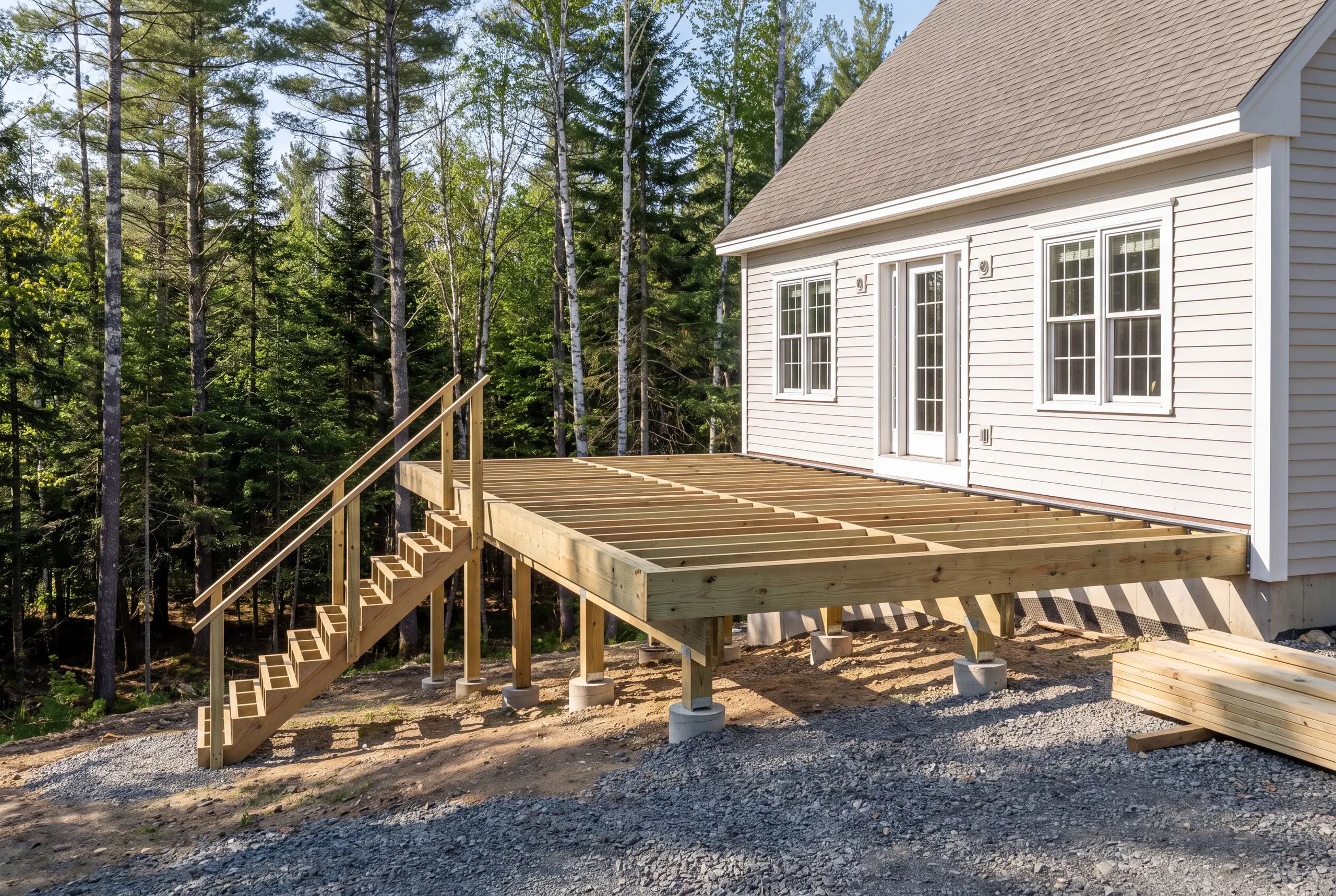 Deck builder Vienna, ME crew framing a deck on a hillside parcel near Flying Pond