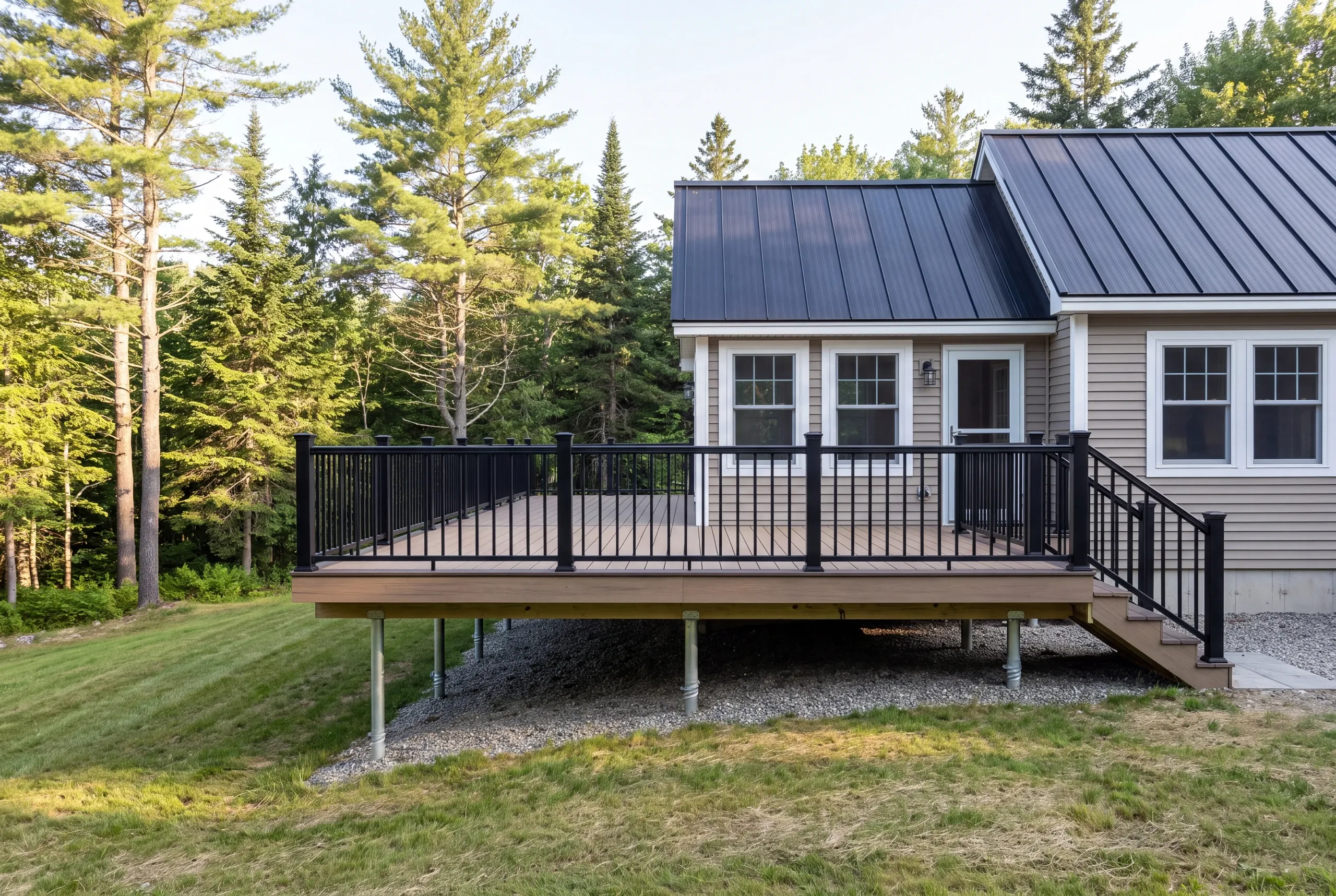 Deck posts set four feet deep on a wooded Vienna, Maine lot