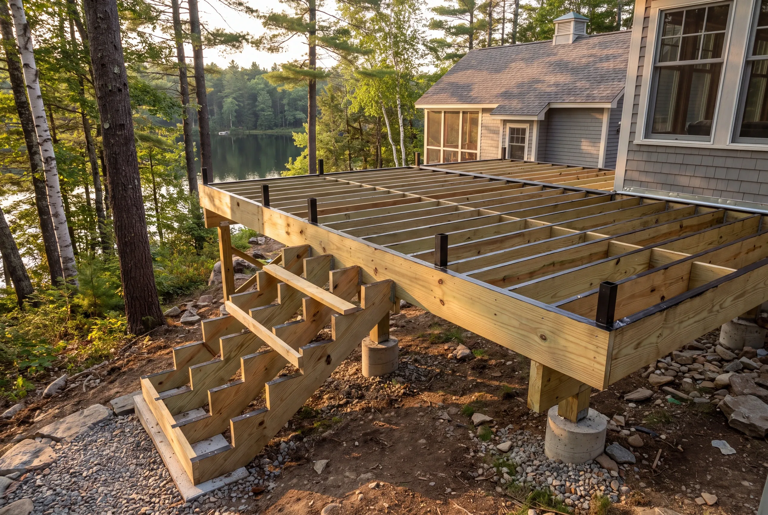 Deck stairs stepping down a slope at a Kimball Pond camp in Vienna