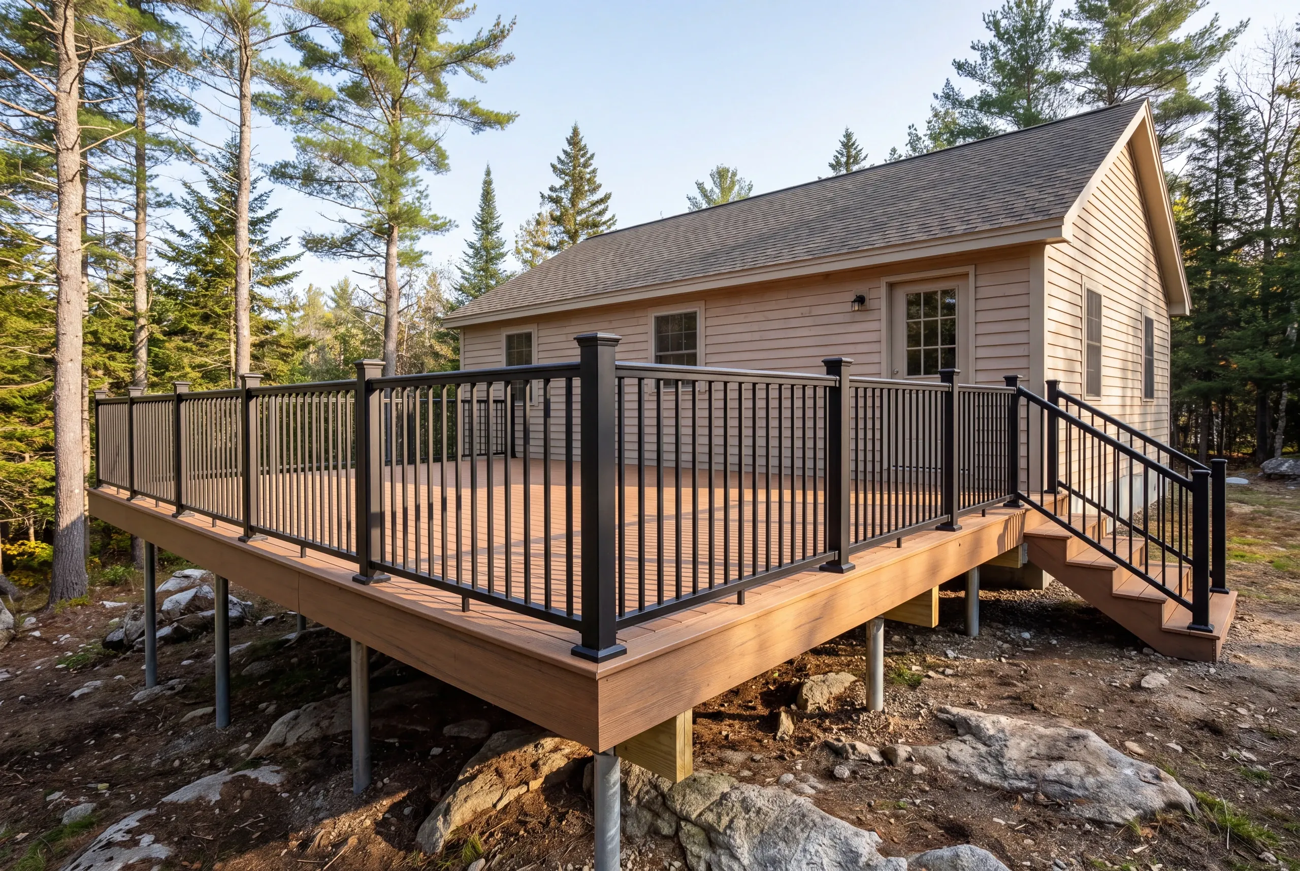 Builder staking a deck layout on high ground in Vienna, Maine