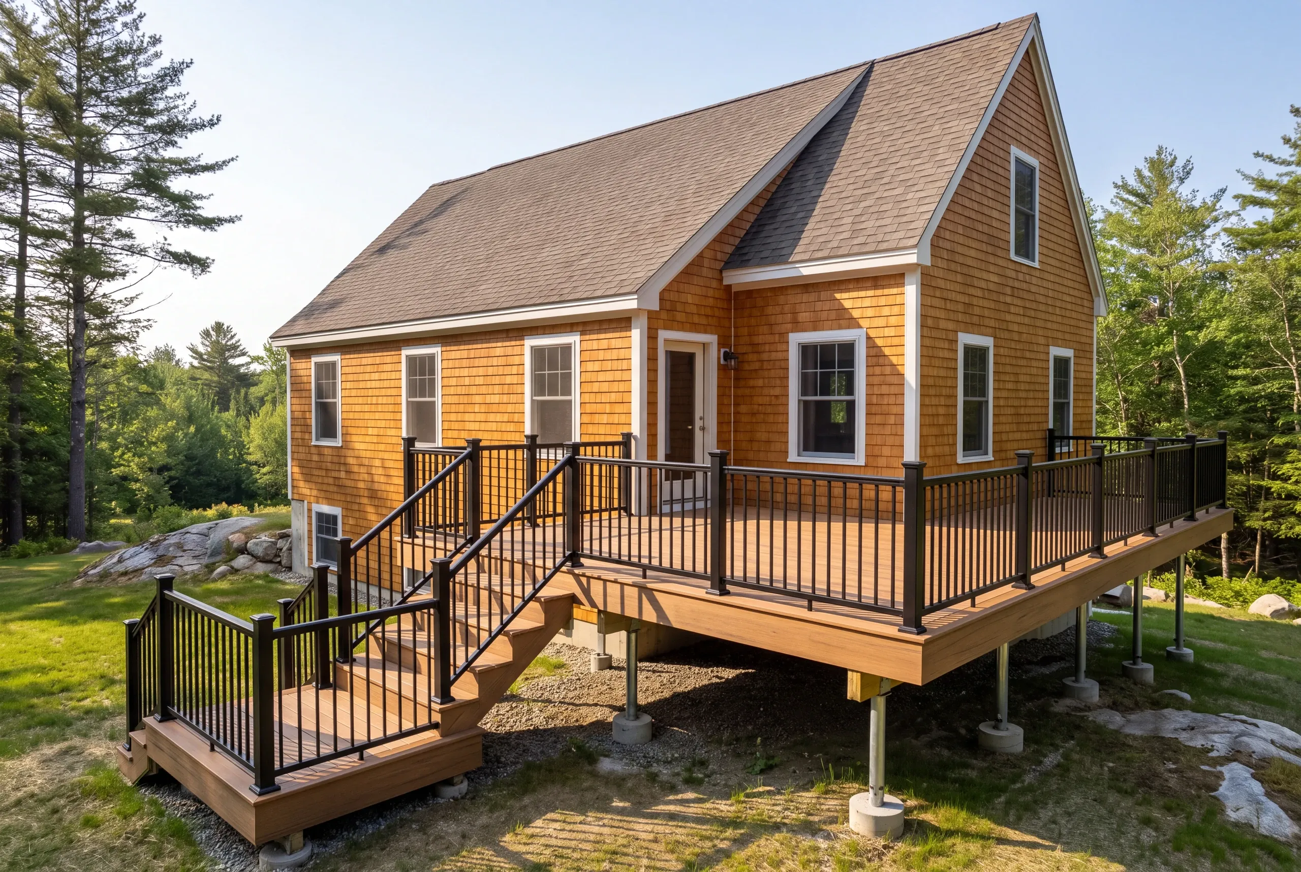 Composite deck with wrapped rim on a hill parcel in Vienna, Maine