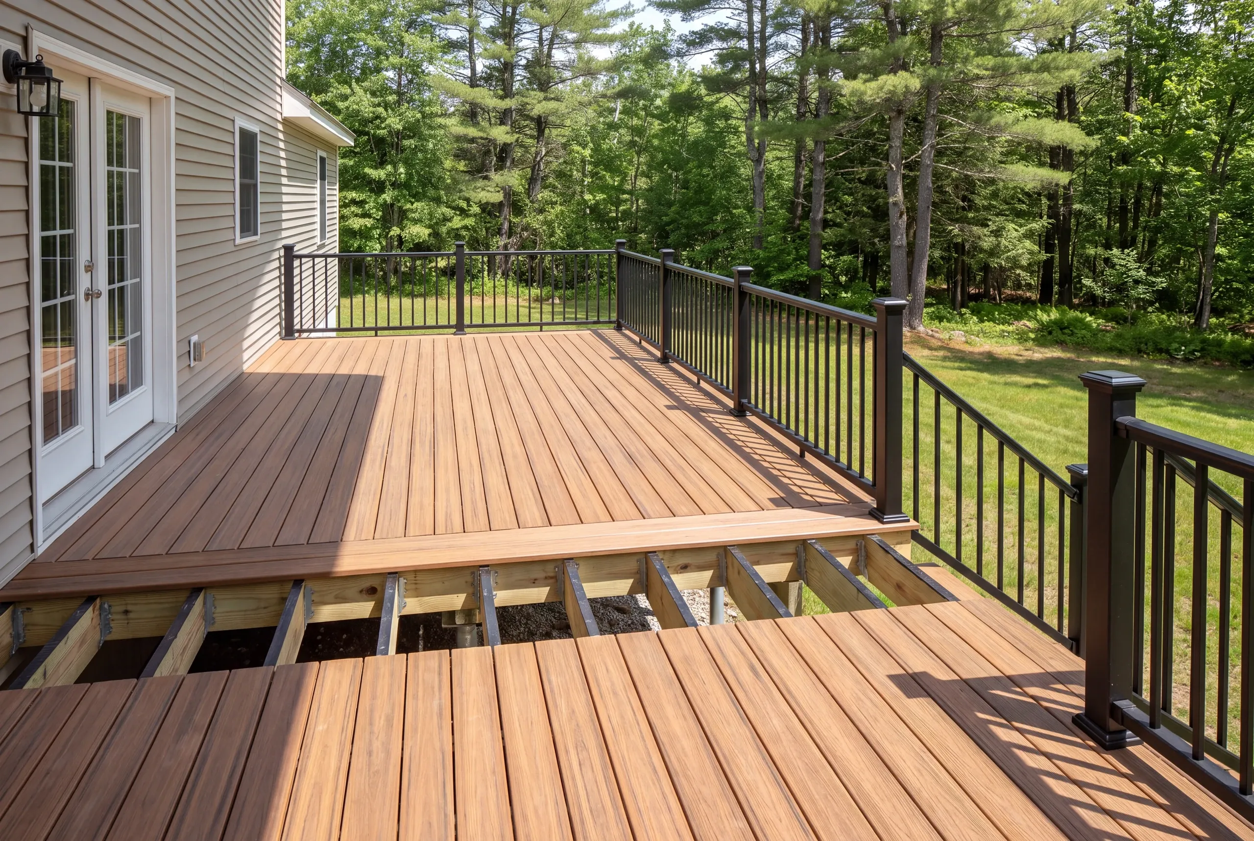 Finished deck and railing at a Vienna home seen from the back door