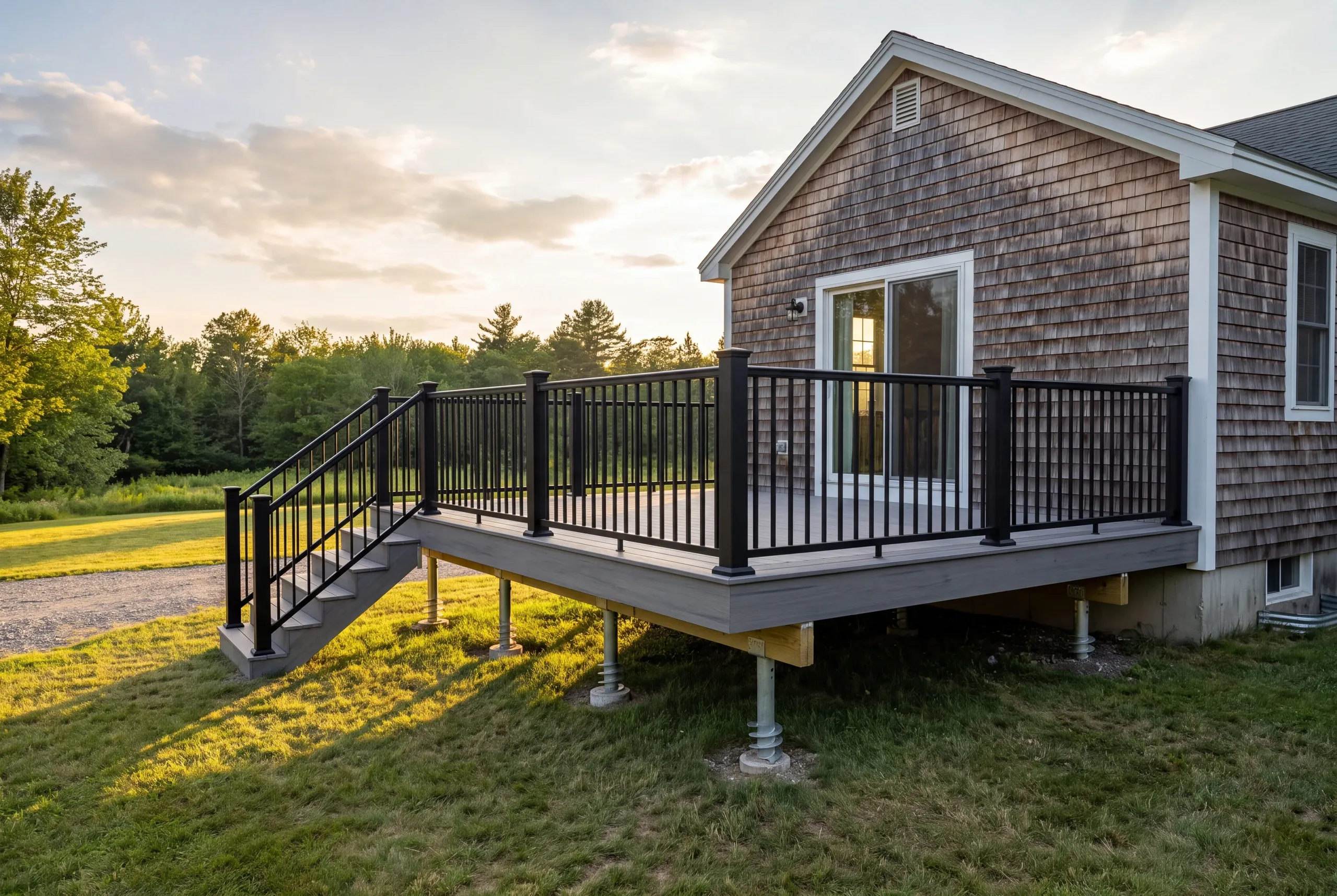 Finished deck and railing on a Vienna, Maine home, wide view
