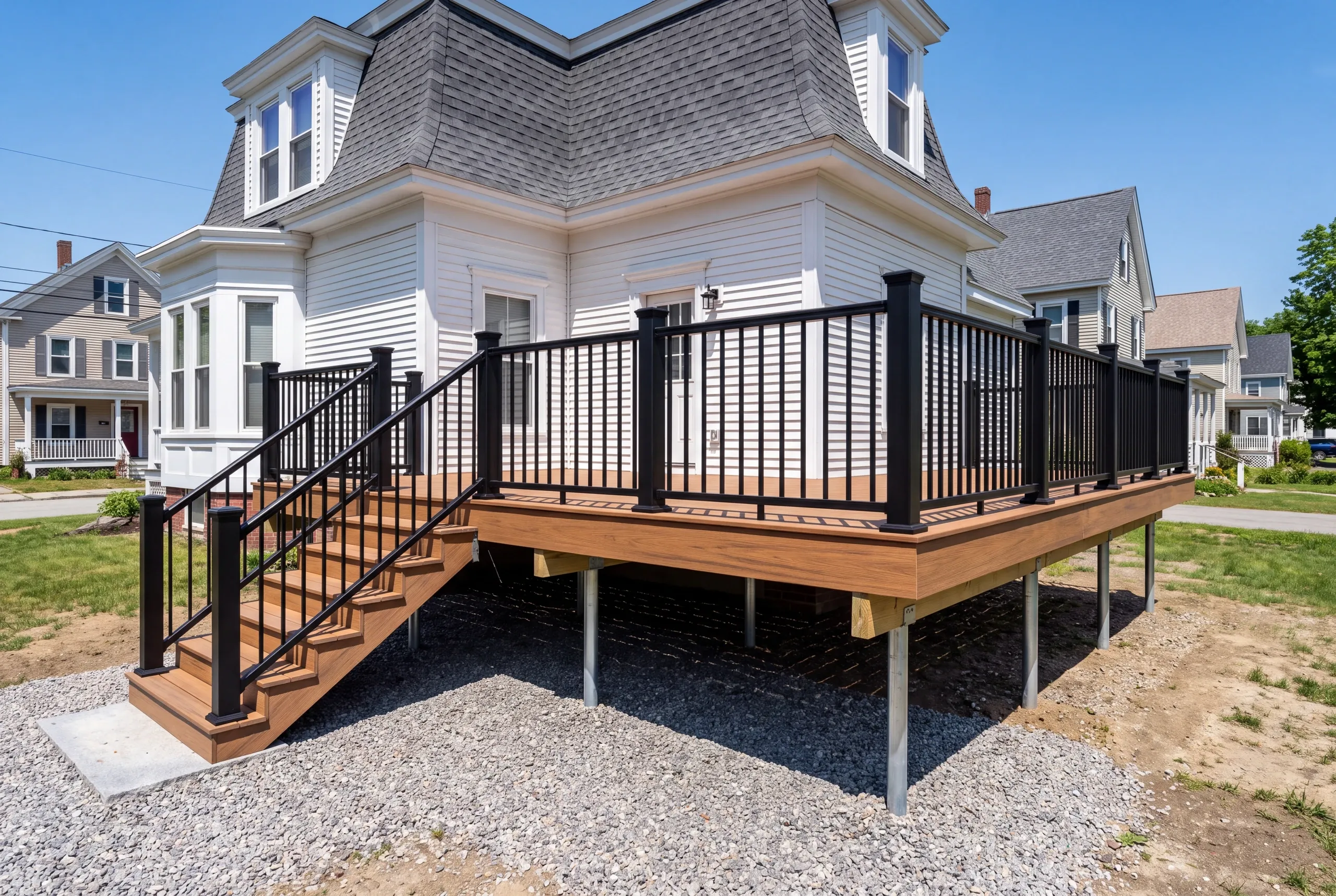 Composite deck with wrapped rim and stairs behind a home near Colby College