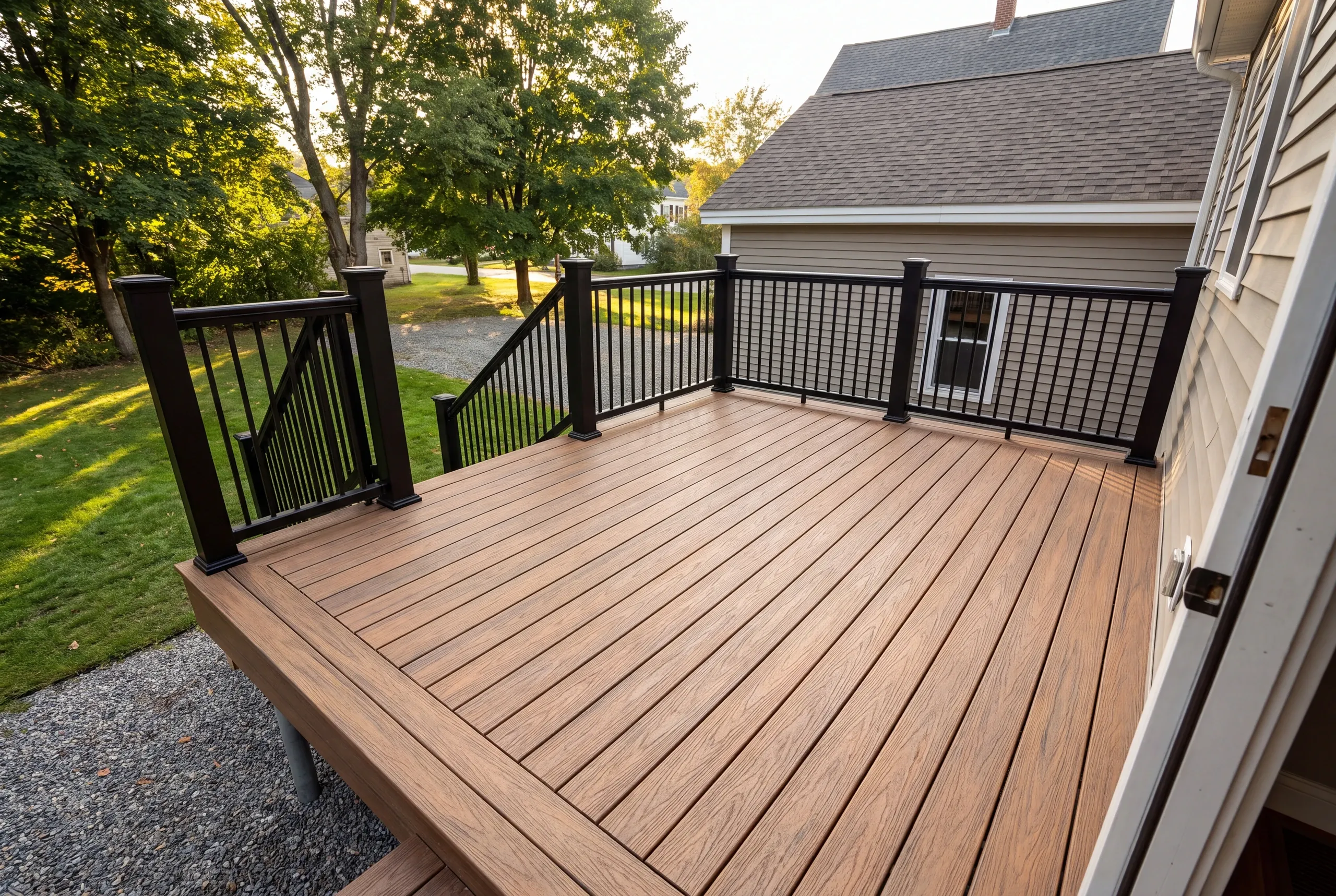 Finished deck and railing at a Waterville home seen from the back door
