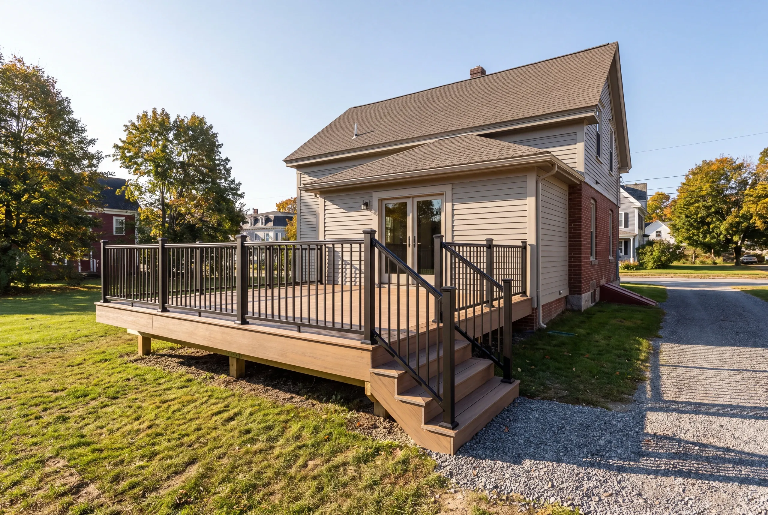Finished deck and railing on a Waterville, Maine home, wide view