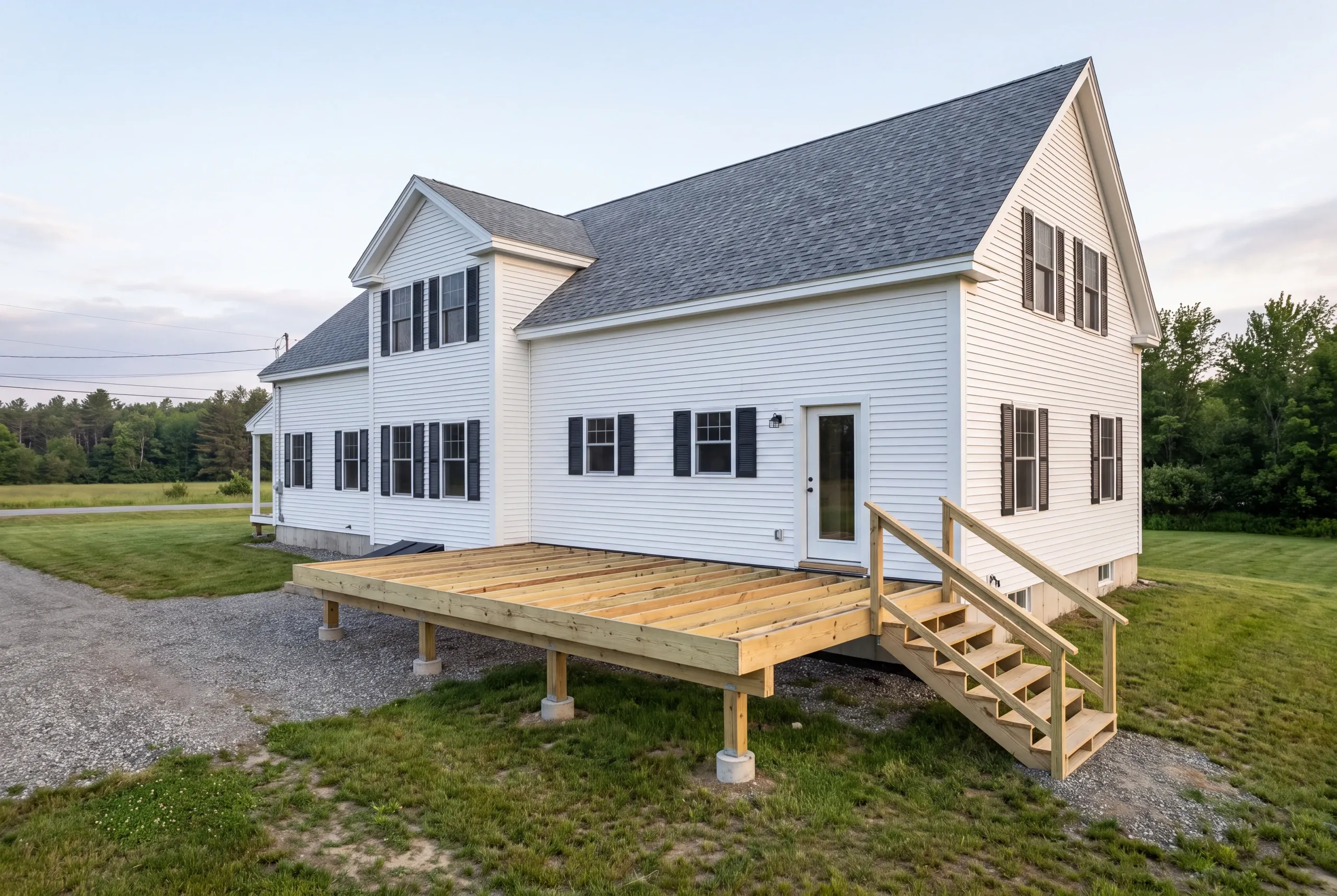 Deck builder Whitefield, ME crew framing a wide deck behind a farmhouse on Route 218
