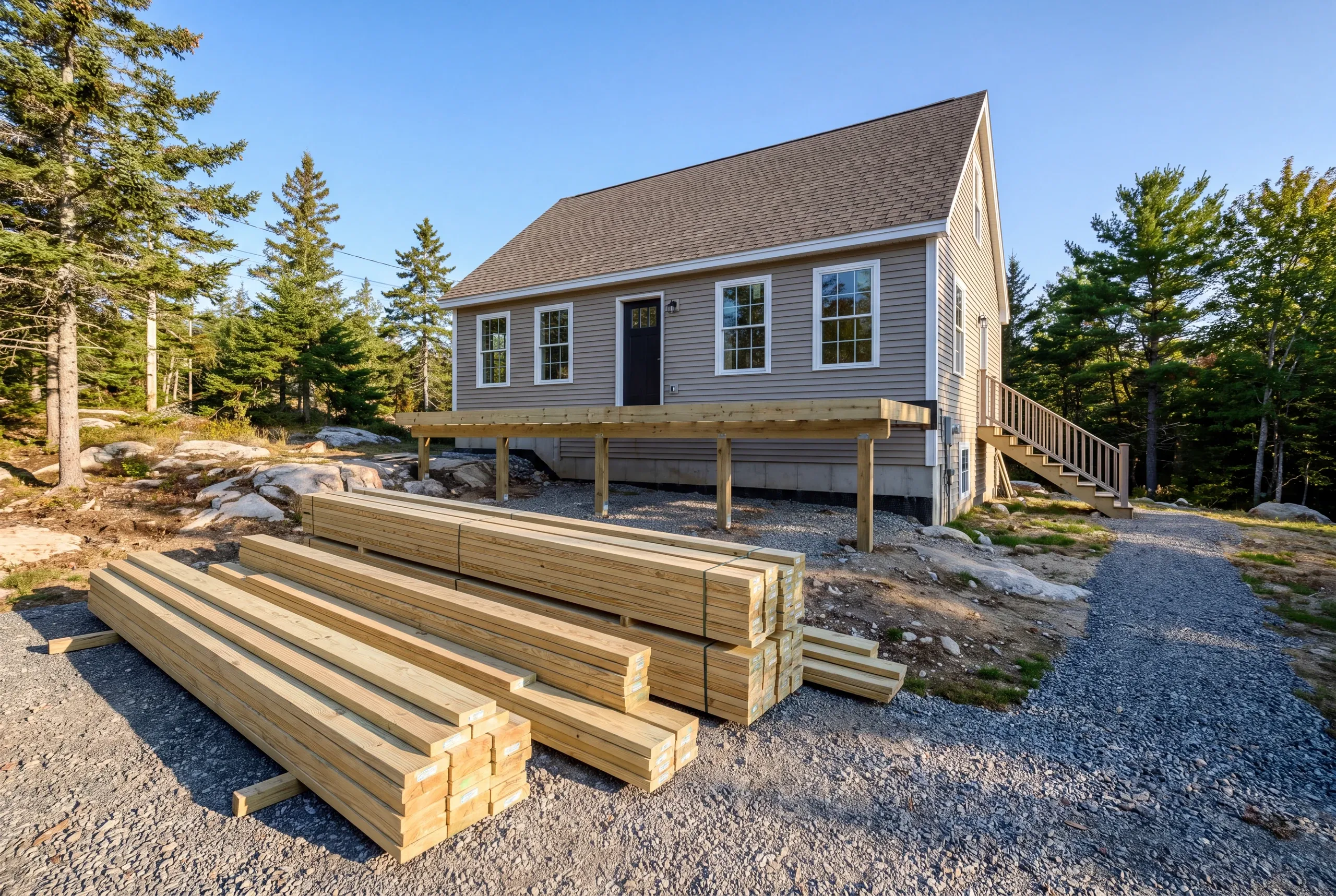 Kiln-dried joists stacked before framing at a Whitefield, Maine build