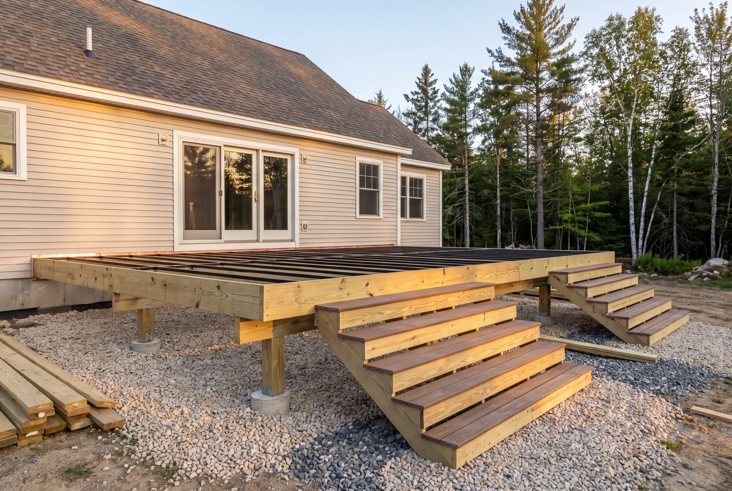 Wide deck stairs running down to a dooryard in Whitefield