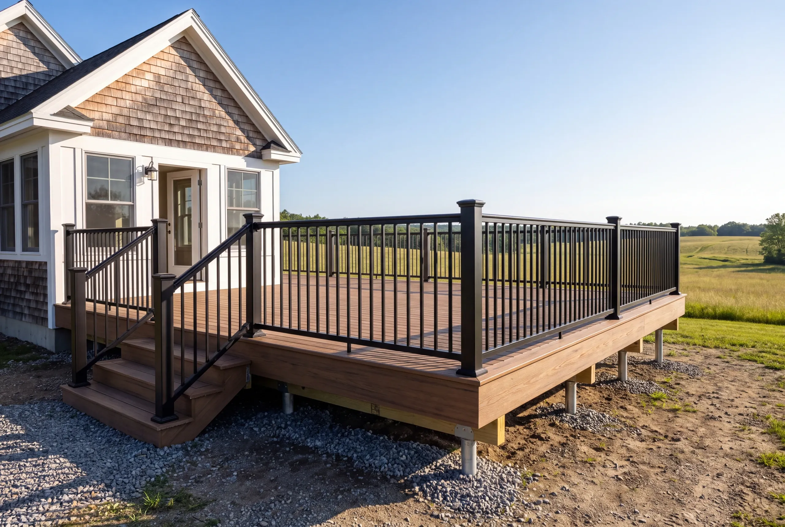 Finished composite deck overlooking hayfields in Whitefield, Maine