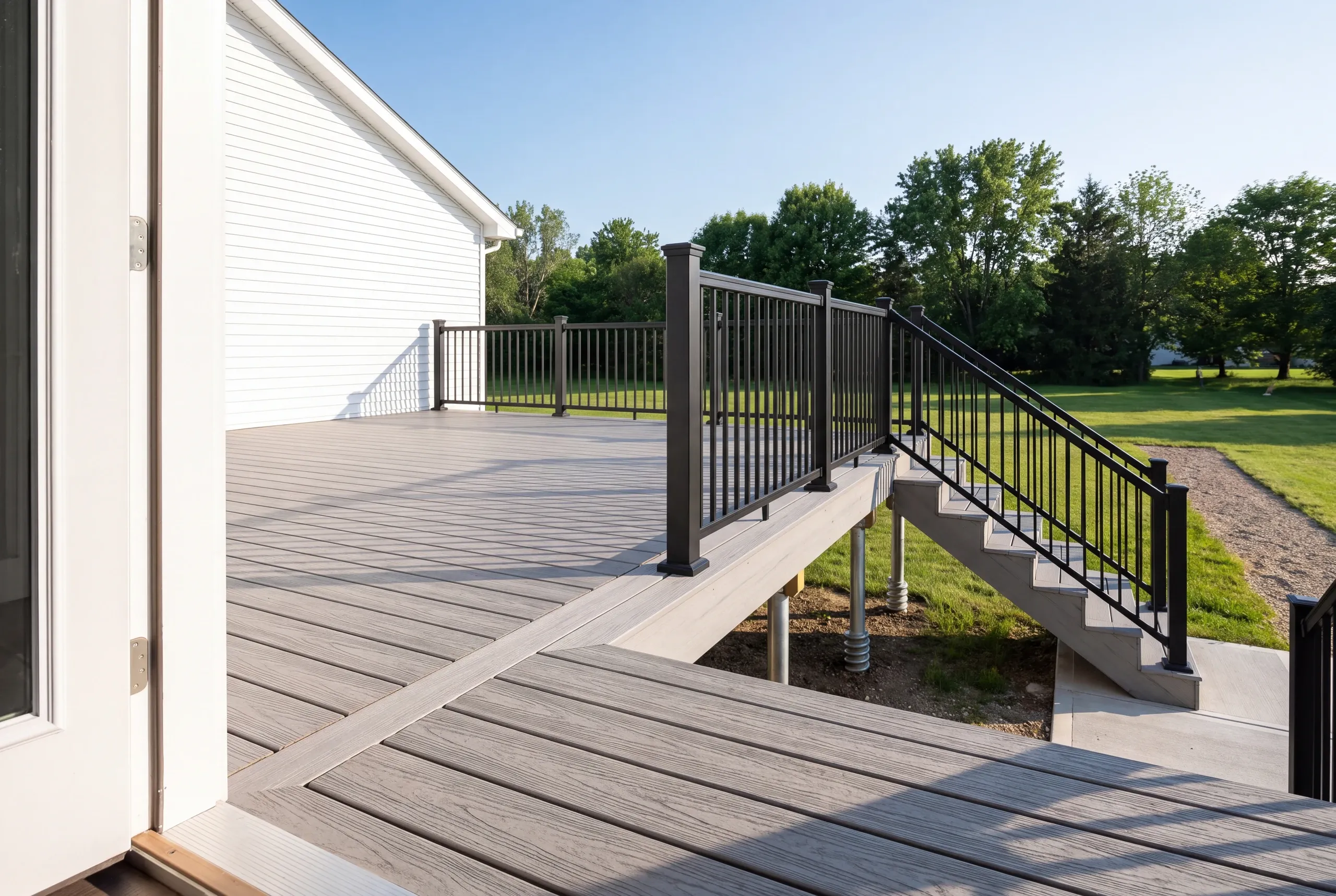 Finished deck and railing at a Whitefield home seen from the back door