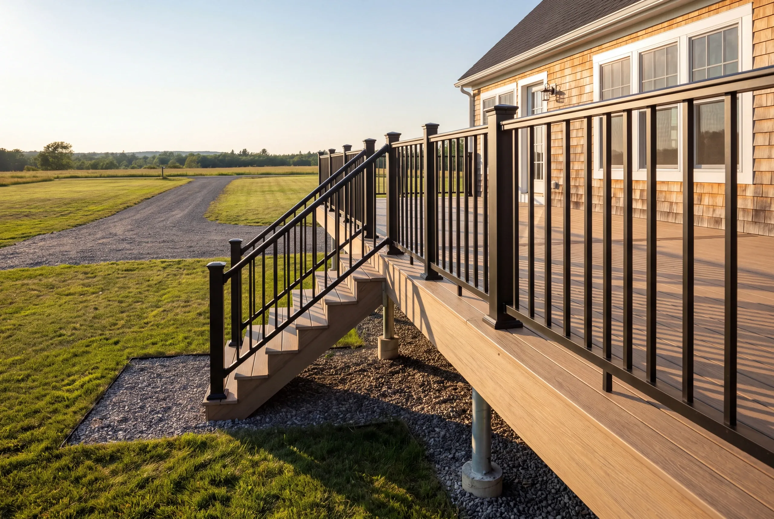 Finished deck and railing on a Whitefield, Maine home, wide view
