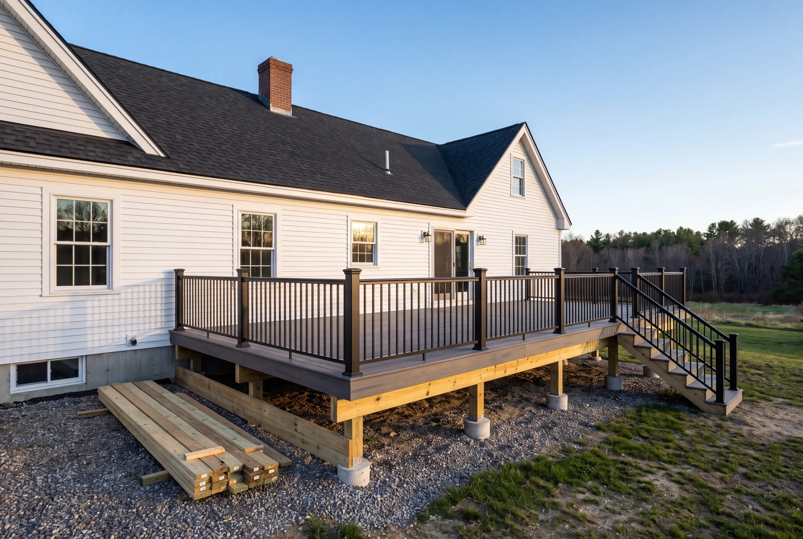 Deck builder Windsor, ME crew framing a wide deck behind a farmhouse on open land