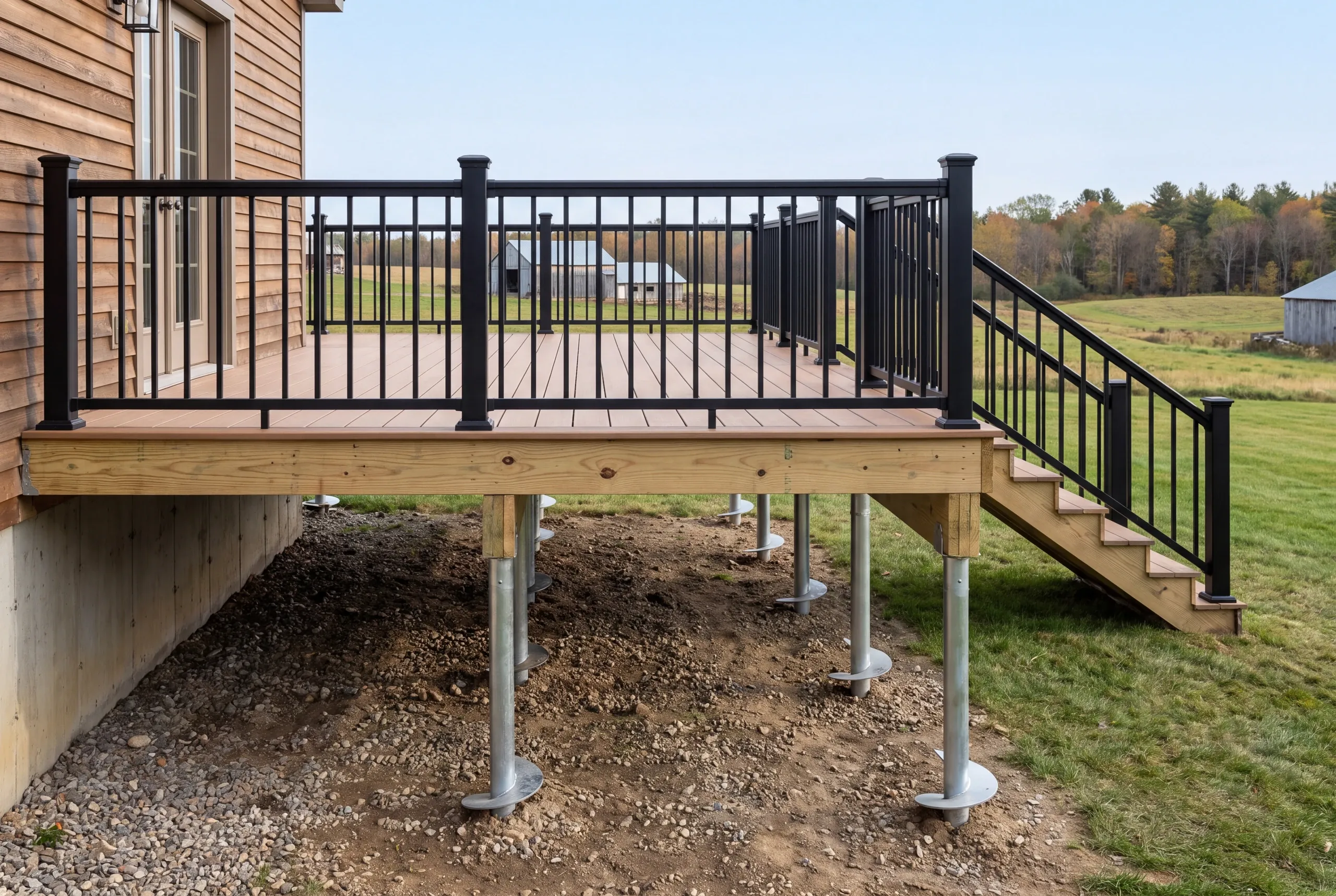 Helical piles lined up for a large deck on a Windsor farm parcel