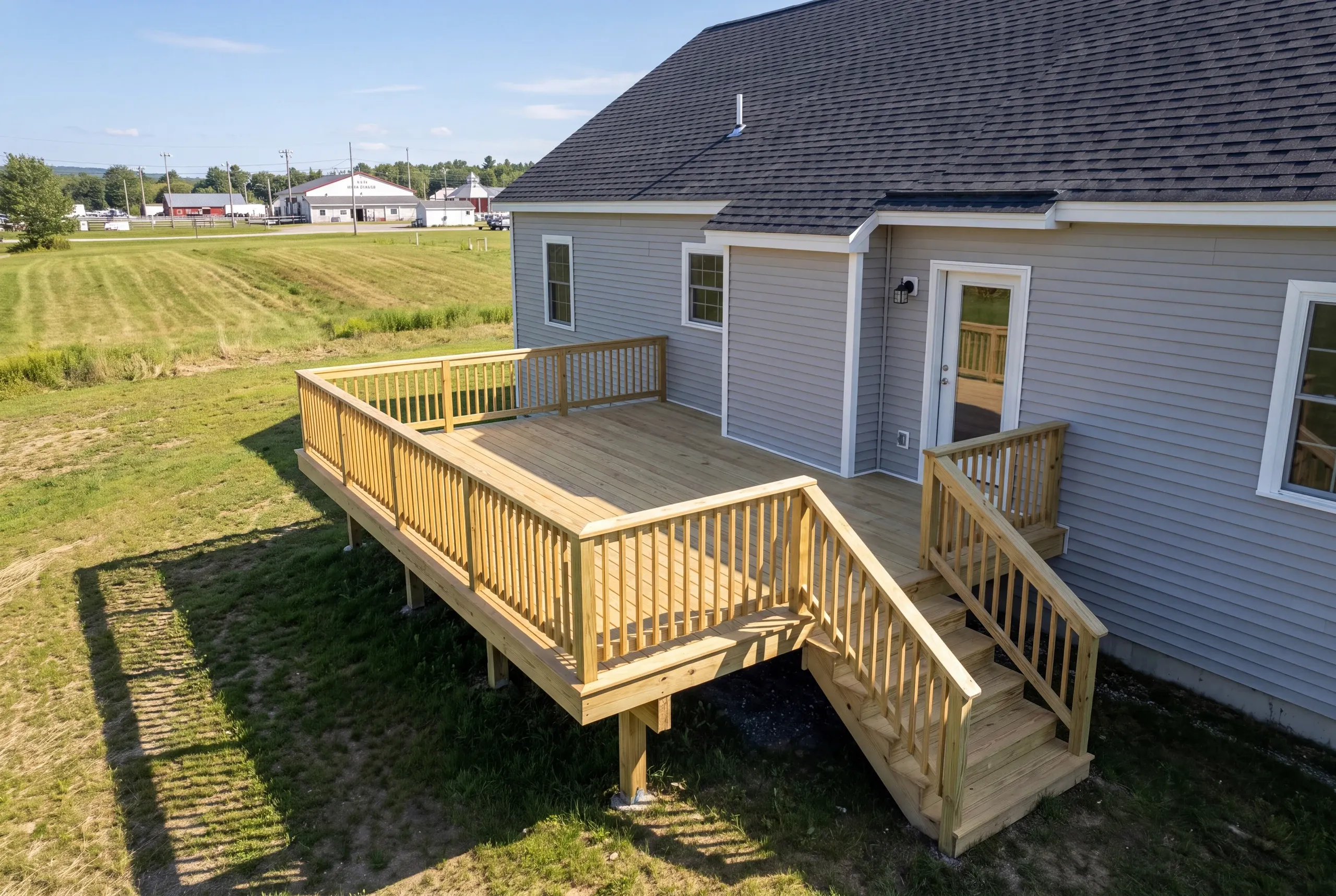 Wide deck stairs stepping down to a field near the Windsor Fairgrounds