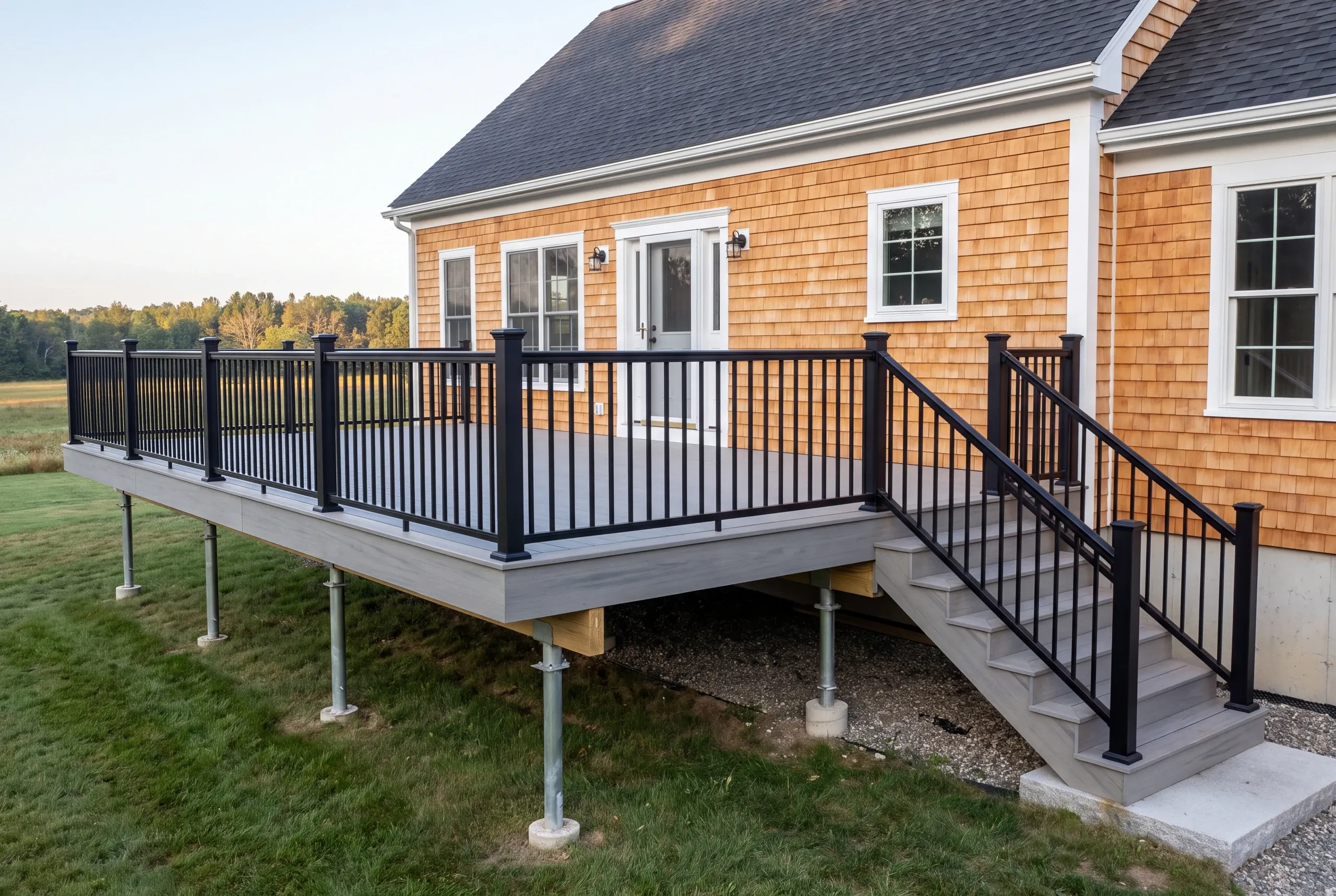 Builder laying out a deck footprint with string line on a Windsor lot