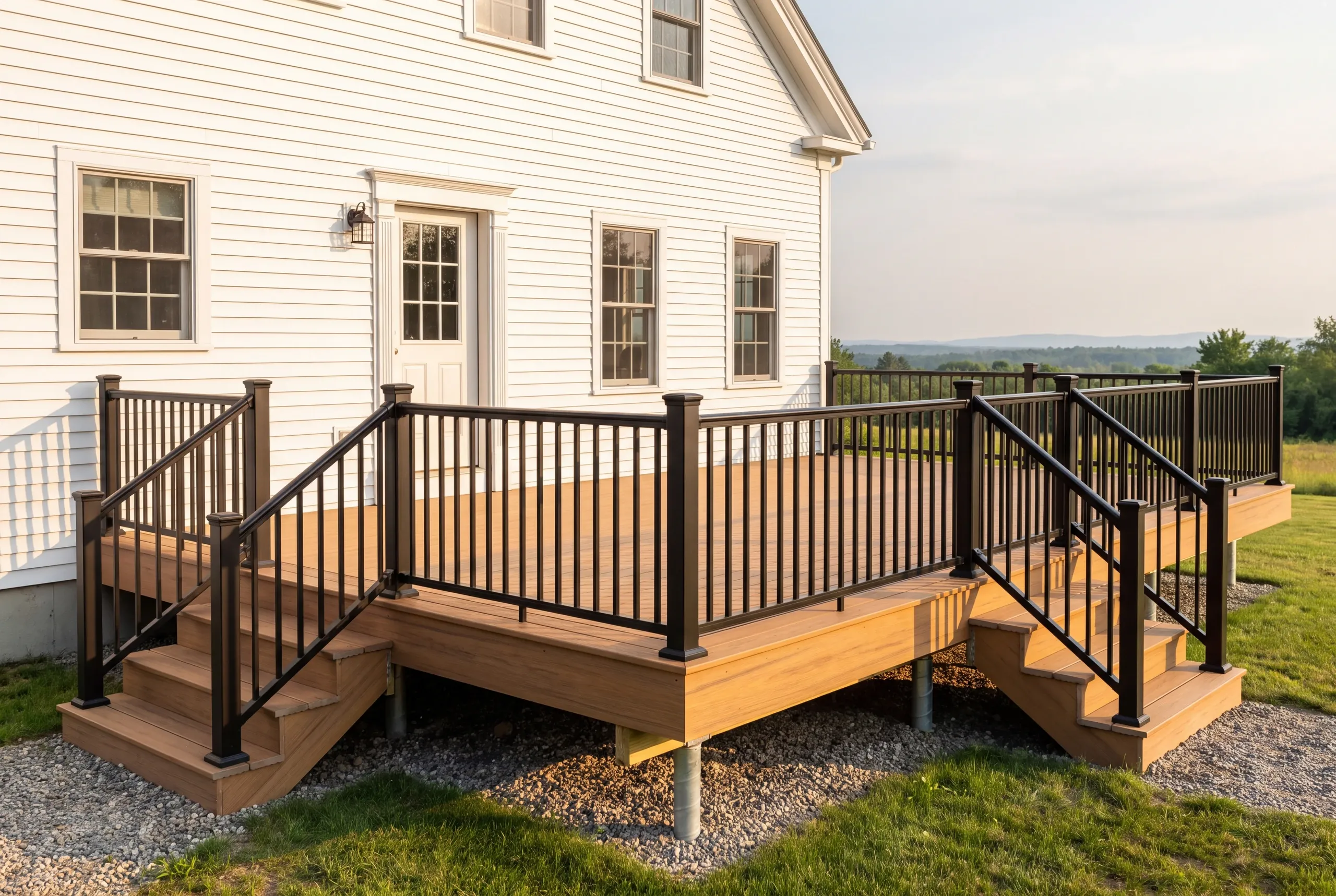 Composite deck with aluminum railing on an open Windsor, Maine property