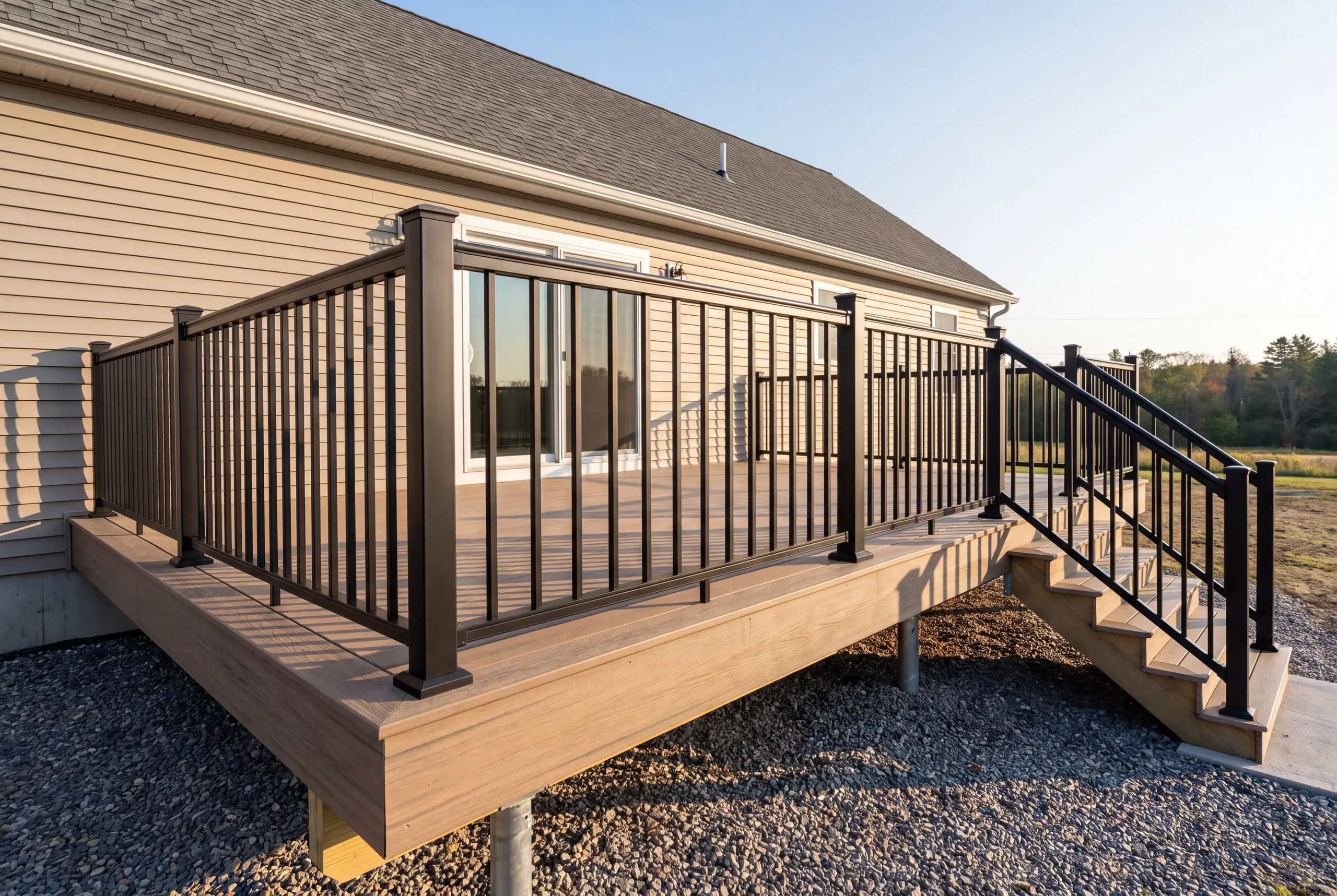 Finished deck and railing at a Windsor home seen from the back door