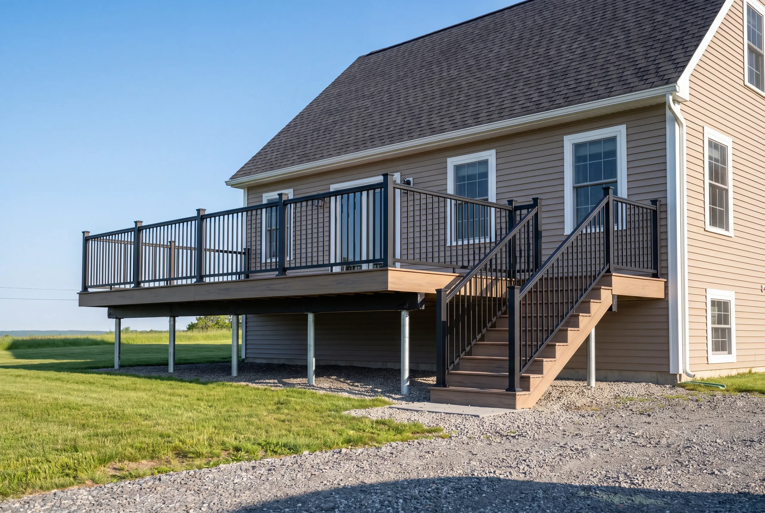 Finished deck and railing on a Windsor, Maine home, wide view