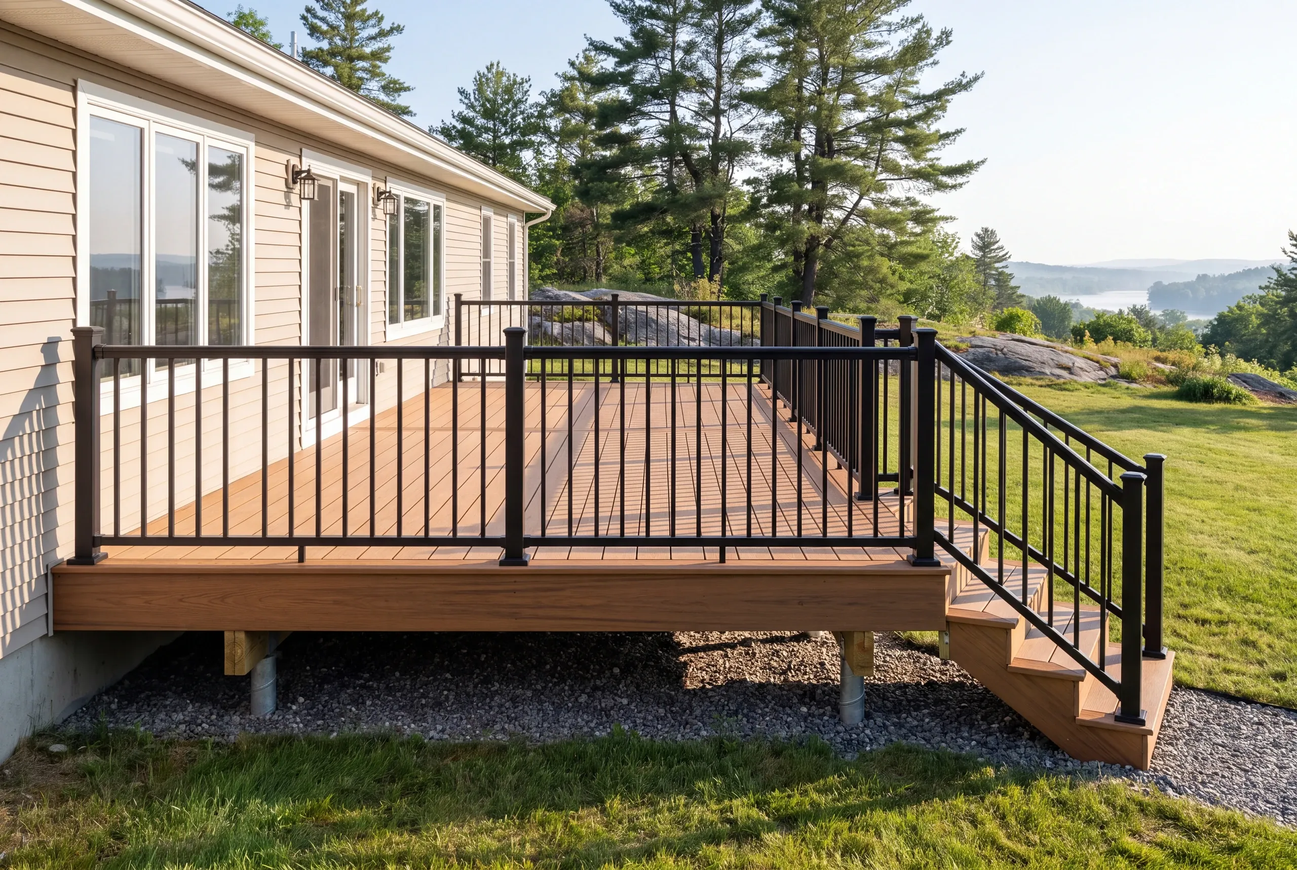 Builder laying out a deck footprint with string lines in Winslow, Maine